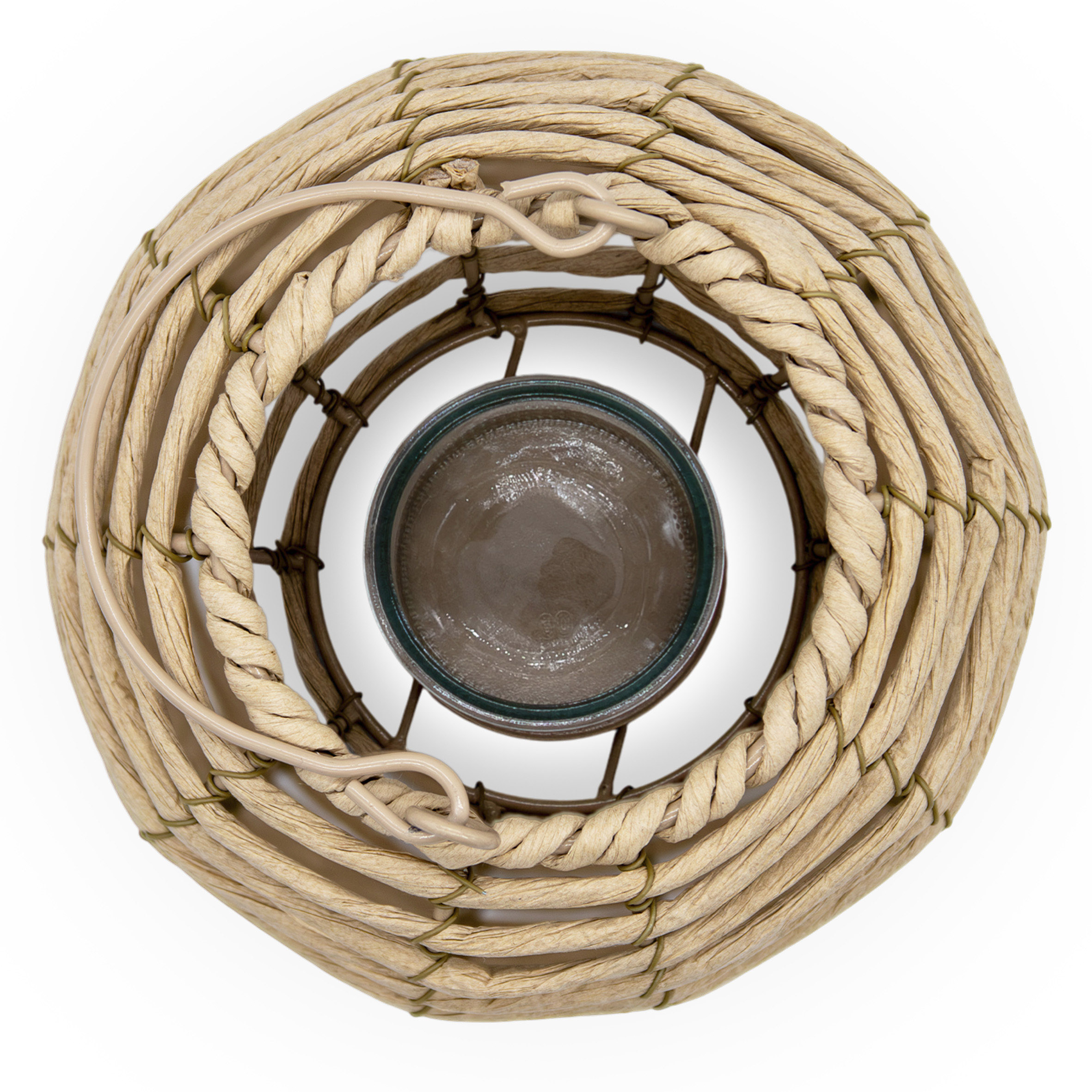 Rattan Windlicht rund natur mit Kerzenglas -  23 x 19 cm - Bast Laterne mit Bügel zum Hängen