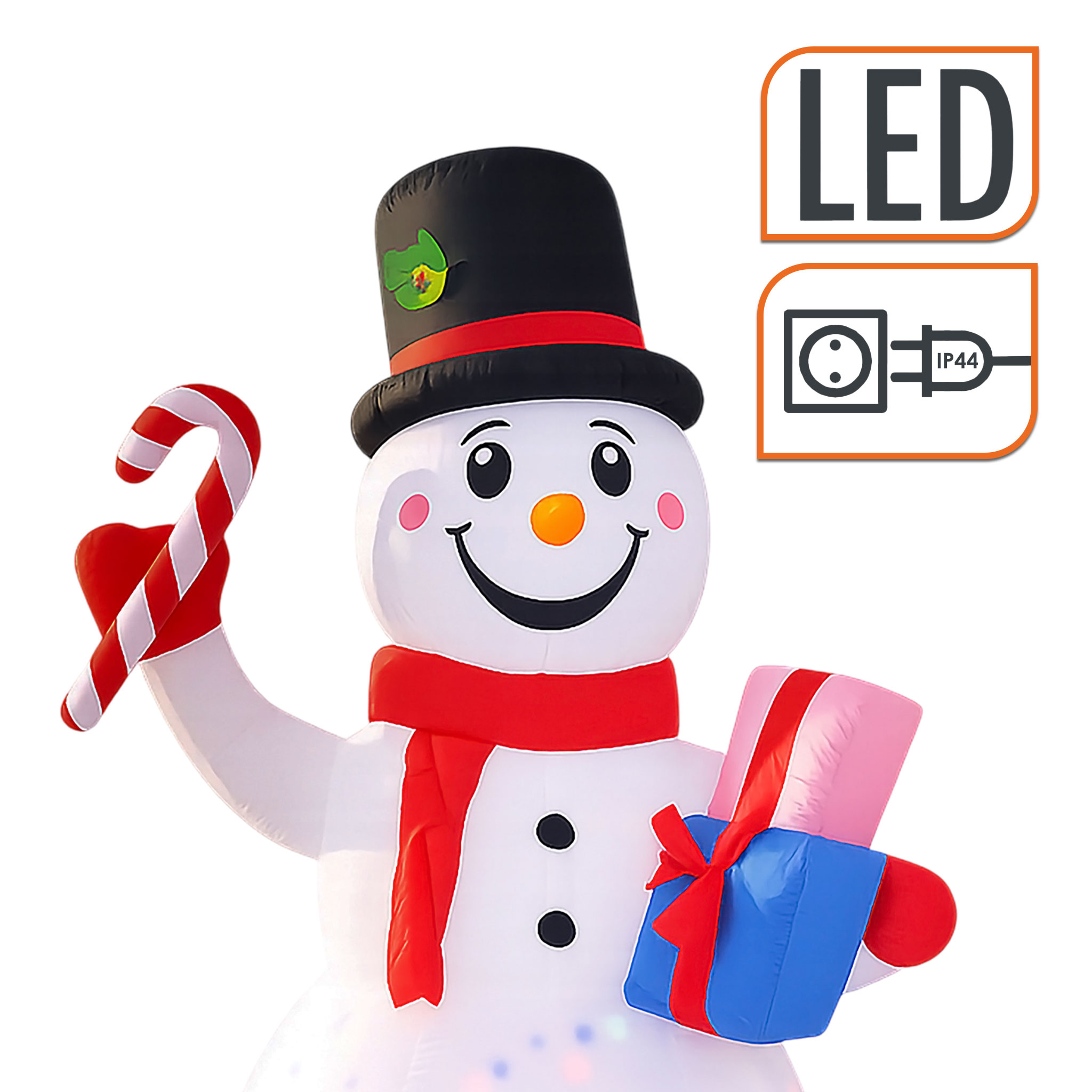 Aufblasbarer XL Schneemann mit LED Beleuchtung und Stecker für Außen und Innen - 200 x 130 cm - Riesen Schneefigur selbstaufblasend bunt beleuchtet