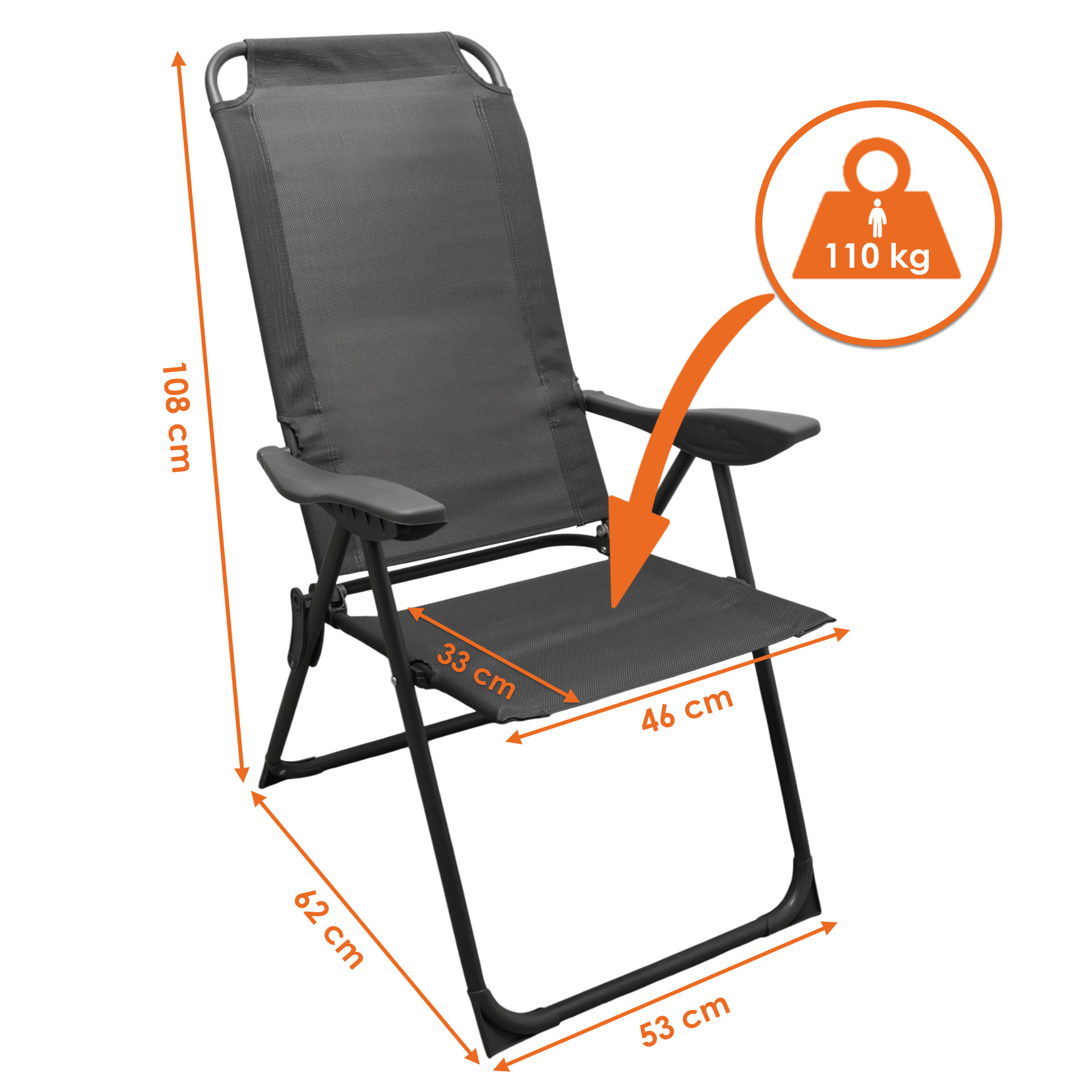Metall Garten Klappstuhl 108 x 62 cm mit 5-fach verstellbarer Rückenlehne - grau - Campingstuhl mit Textil Gewebe bis 110 kg belastbar
