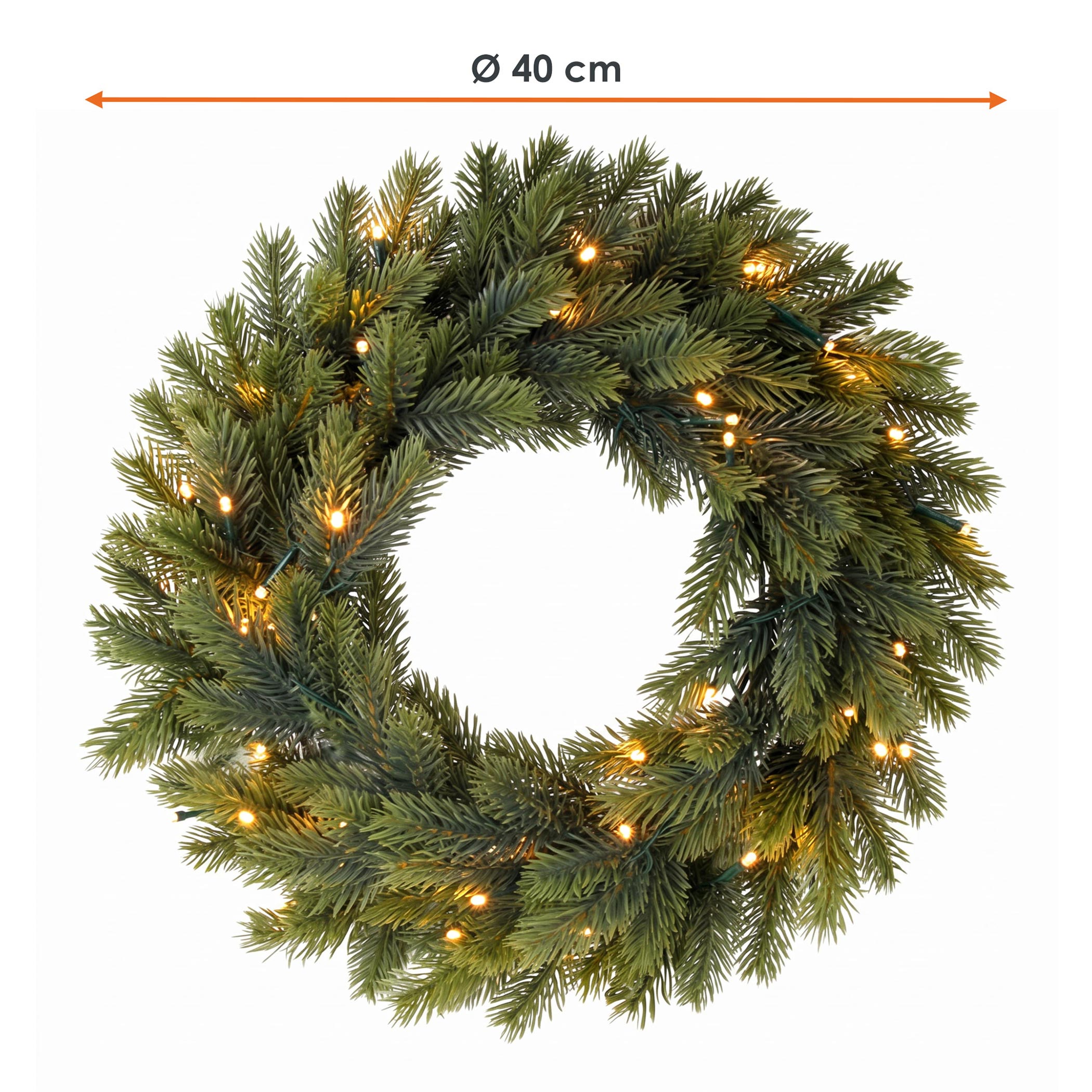 LED Spritzguss Tannenkranz batteriebetrieben mit Timer für Außen und Innen - 40 cm - Weihnachtskranz warm weiß beleuchtet mit naturgetreuen Kunst Tannenspitzen