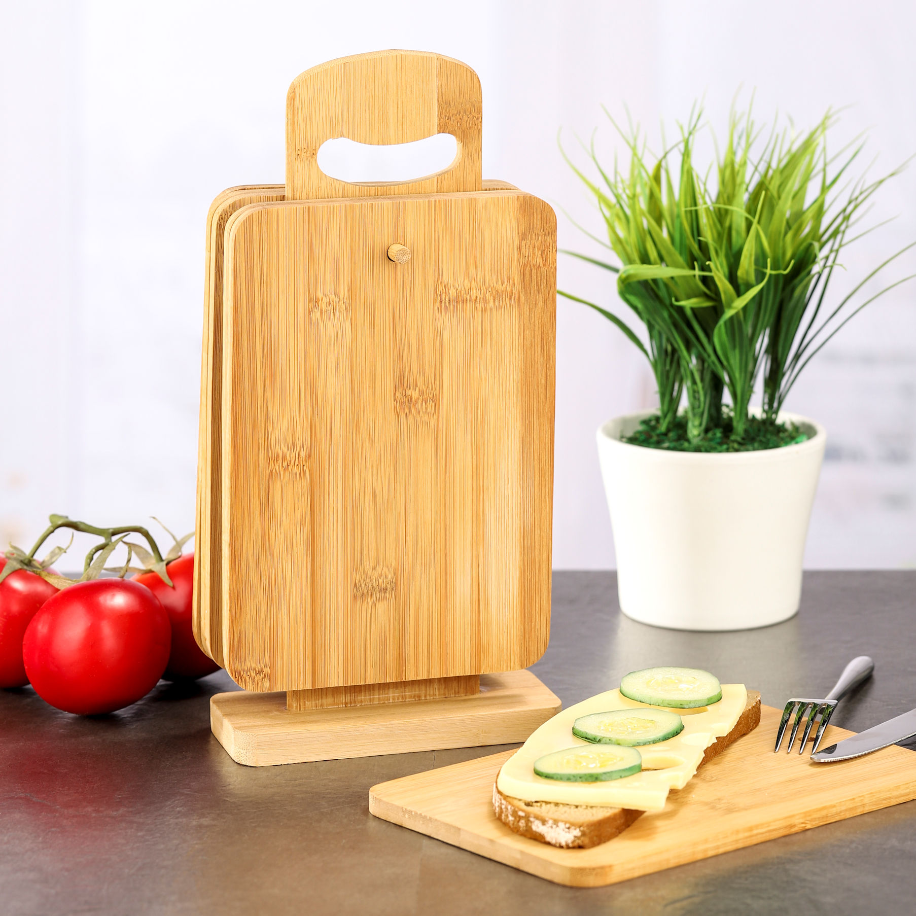 Bambus Frühstücksbrettchen mit Ständer - 6er Set