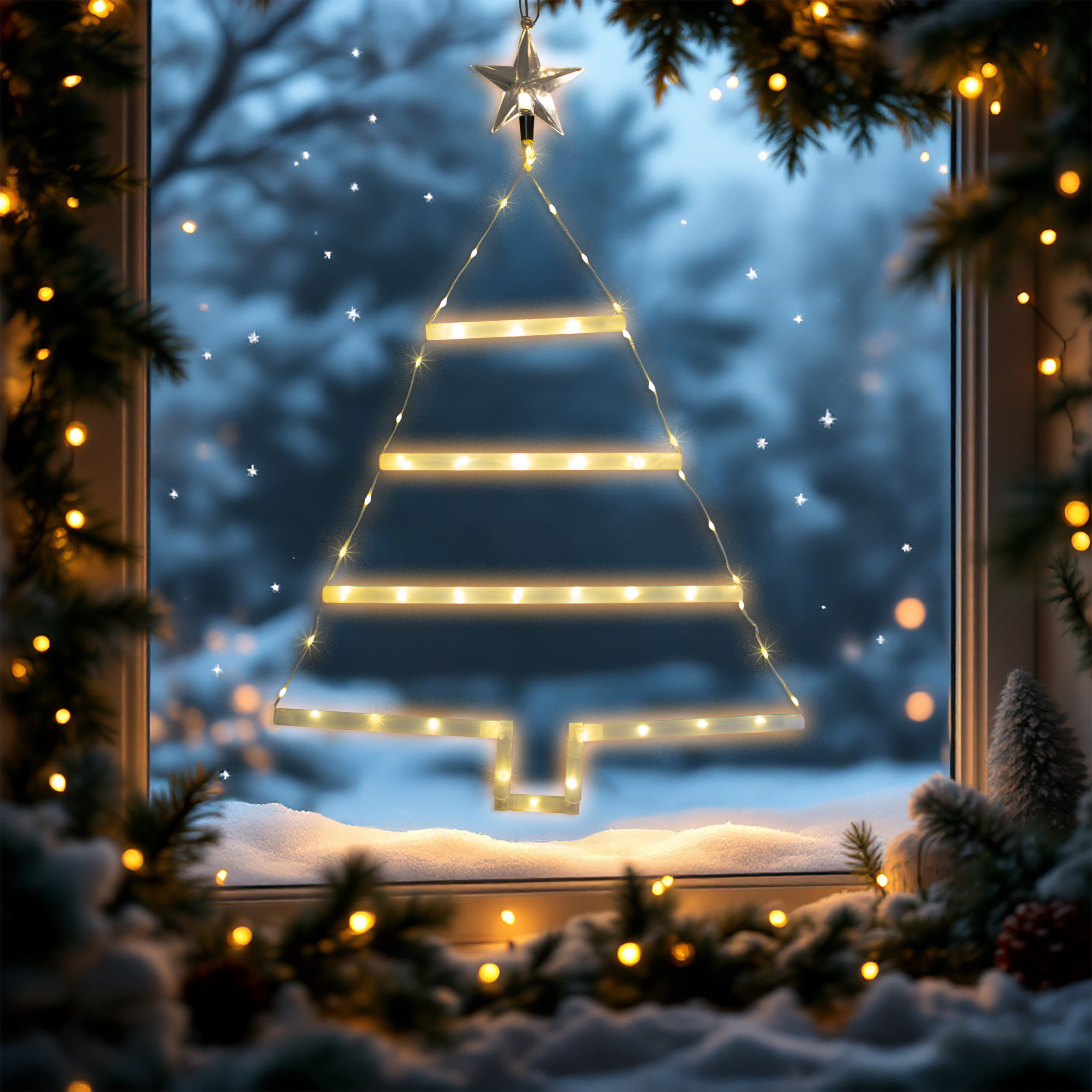 Fensterbild Weihnachtsbaum 66 LED mit 8 Funktionen und Timer - 70 x 46 cm - Fenster Silhouette Tannenbaum warm weiß beleuchtet mit Stern Spitze