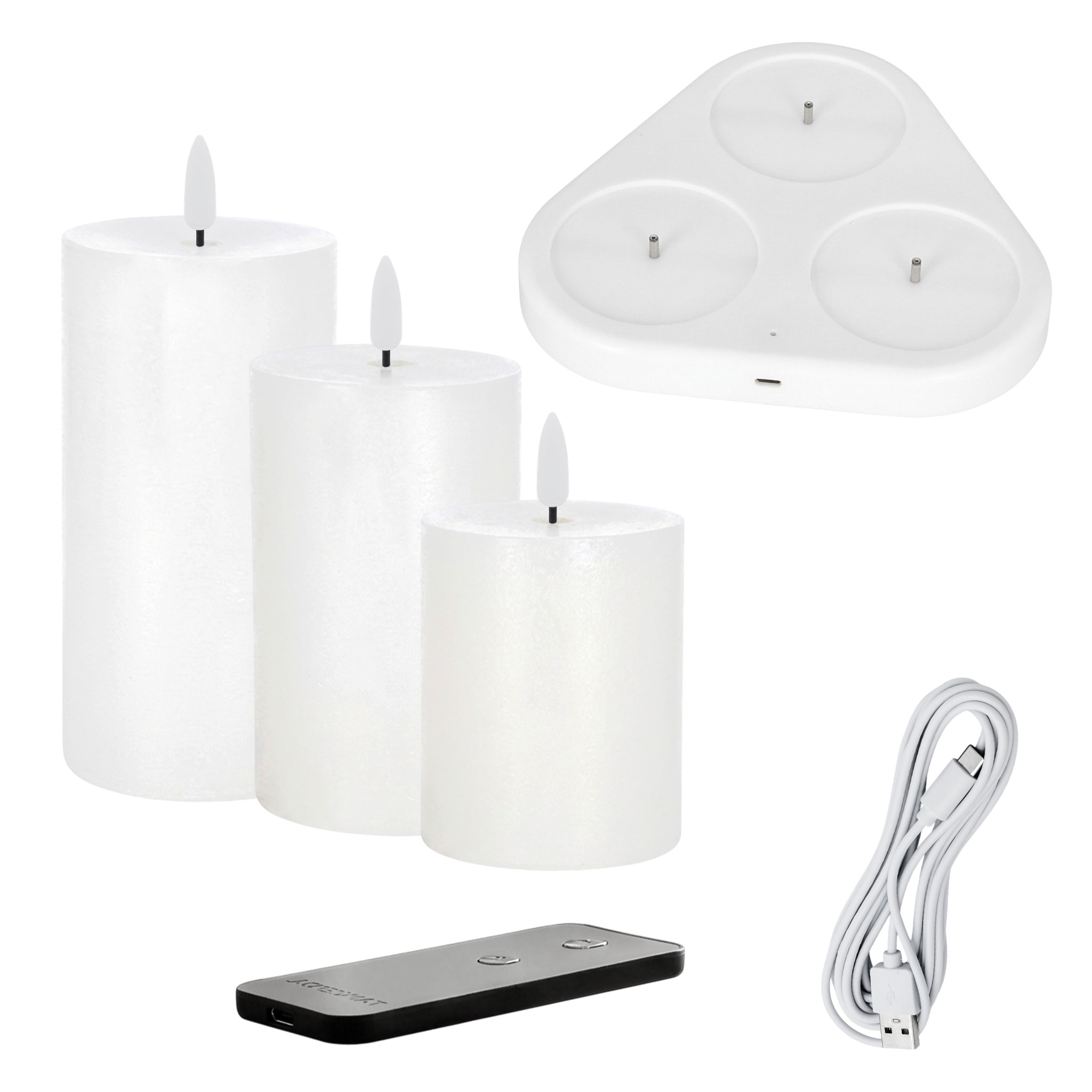 LED Echtwachs Kerze 3er Set wiederaufladbar mit Ladestation und Fernbedienung - 15 / 12 / 10 cm - Künstliche Stumpenkerze mit Flammen Effekt Akku betrieben