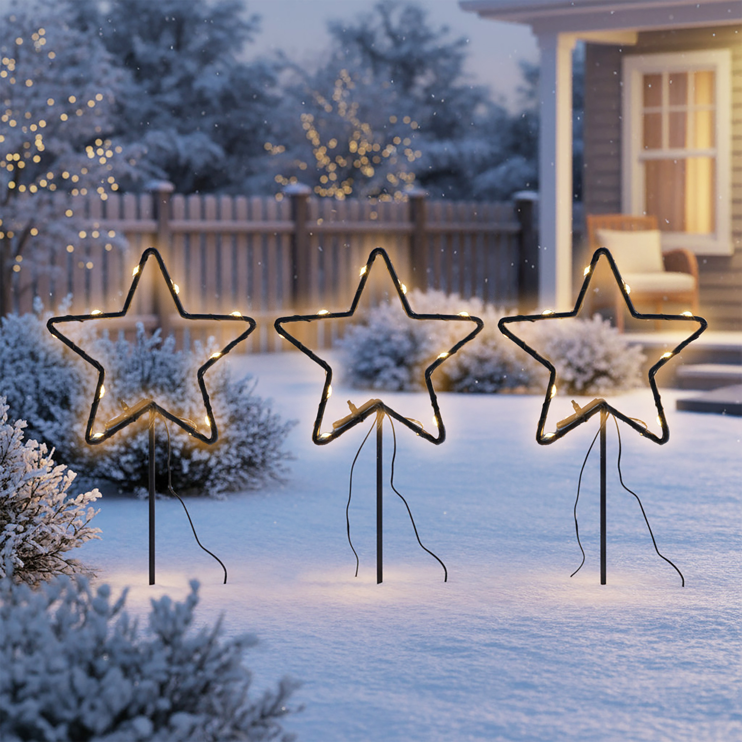 Metall Leuchtstern Gartenstecker 3er Set schwarz 30 LED mit Timer - 21 cm - Weihnachts Beetstecker soft gold beleuchtet mit Erdspieß batteriebetrieben