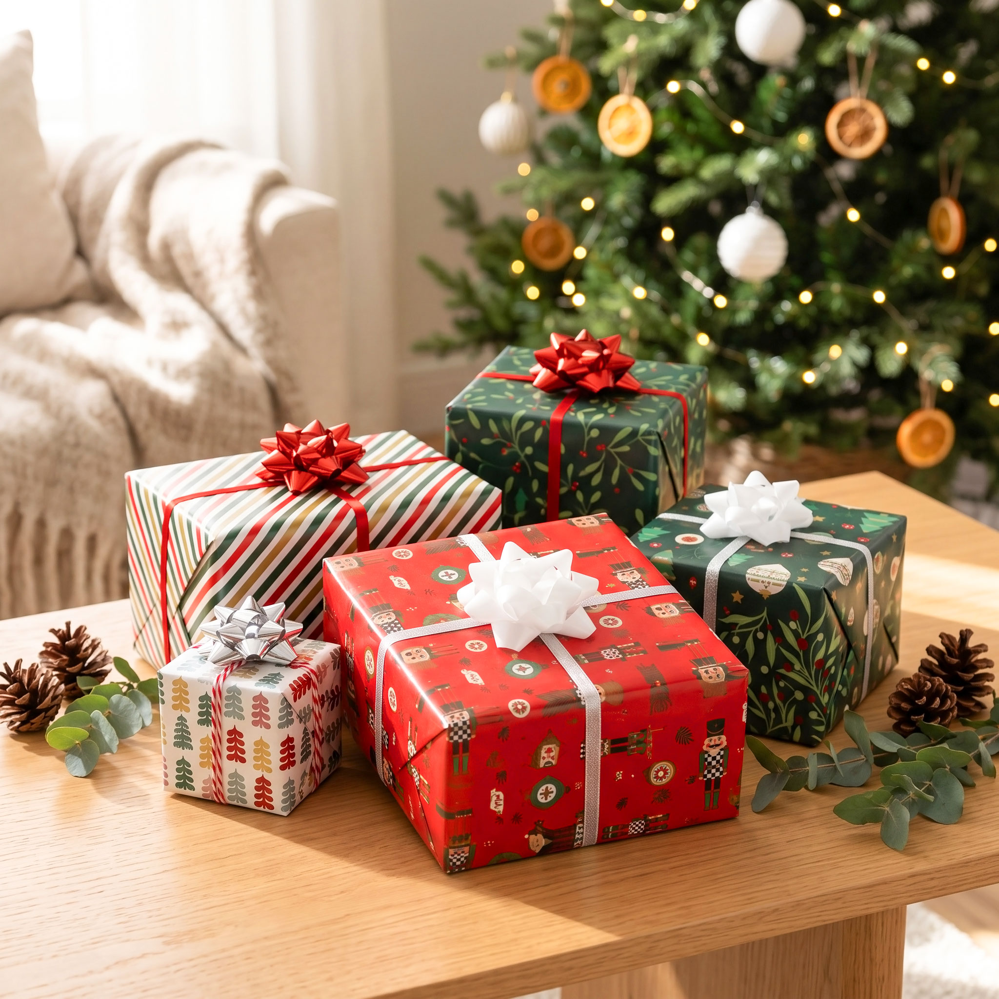 Weihnachts Geschenkpapier 200 x 70 cm mit festlichen Motiven - 5 Rollen - Weihnachtsgeschenk Papierrolle 2 Meter bunt mit Geschenkband und Schleifen