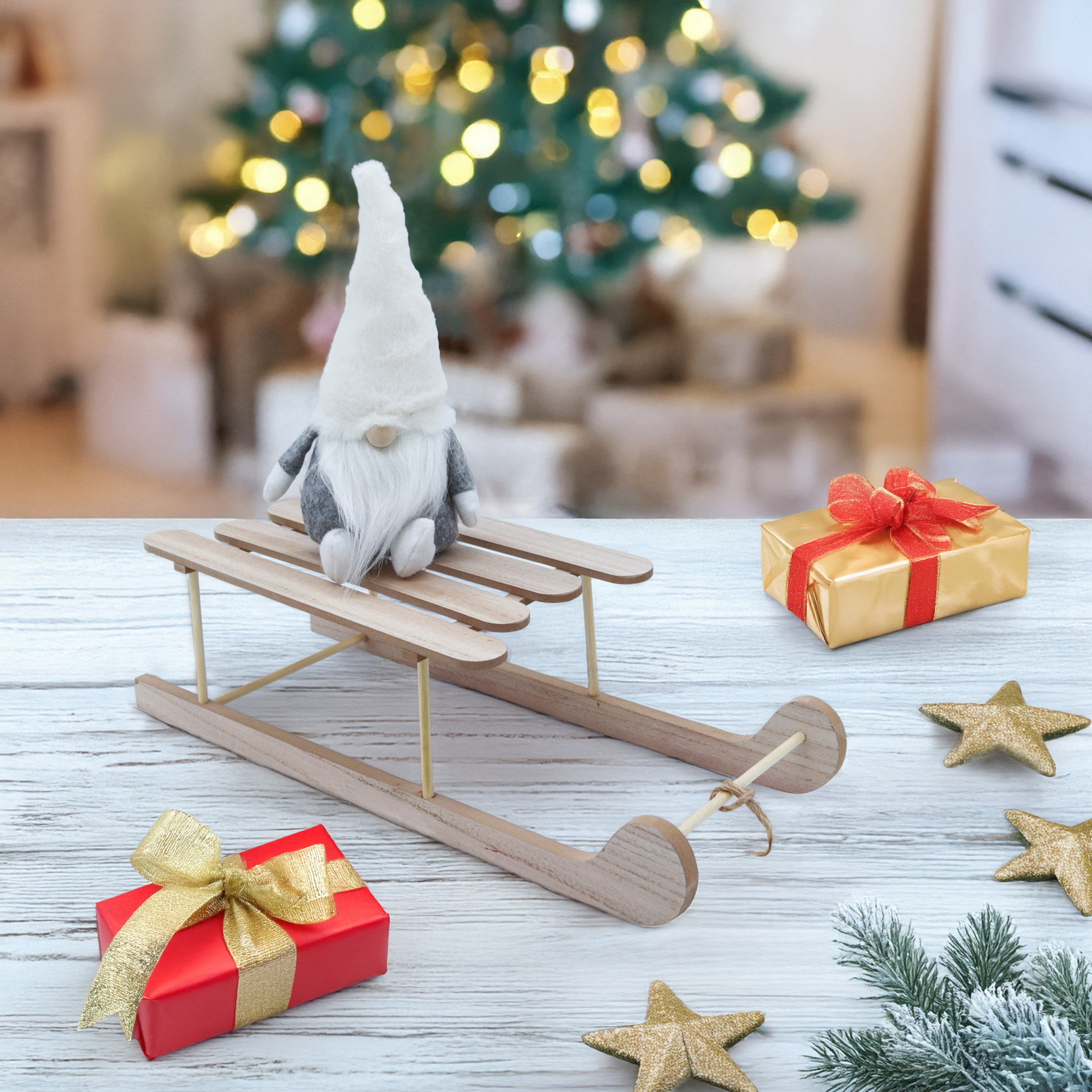 Holz Dekoschlitten natur mit Seil - 50 cm x 19 cm - Miniatur Deko Schlitten mit Naturkordel