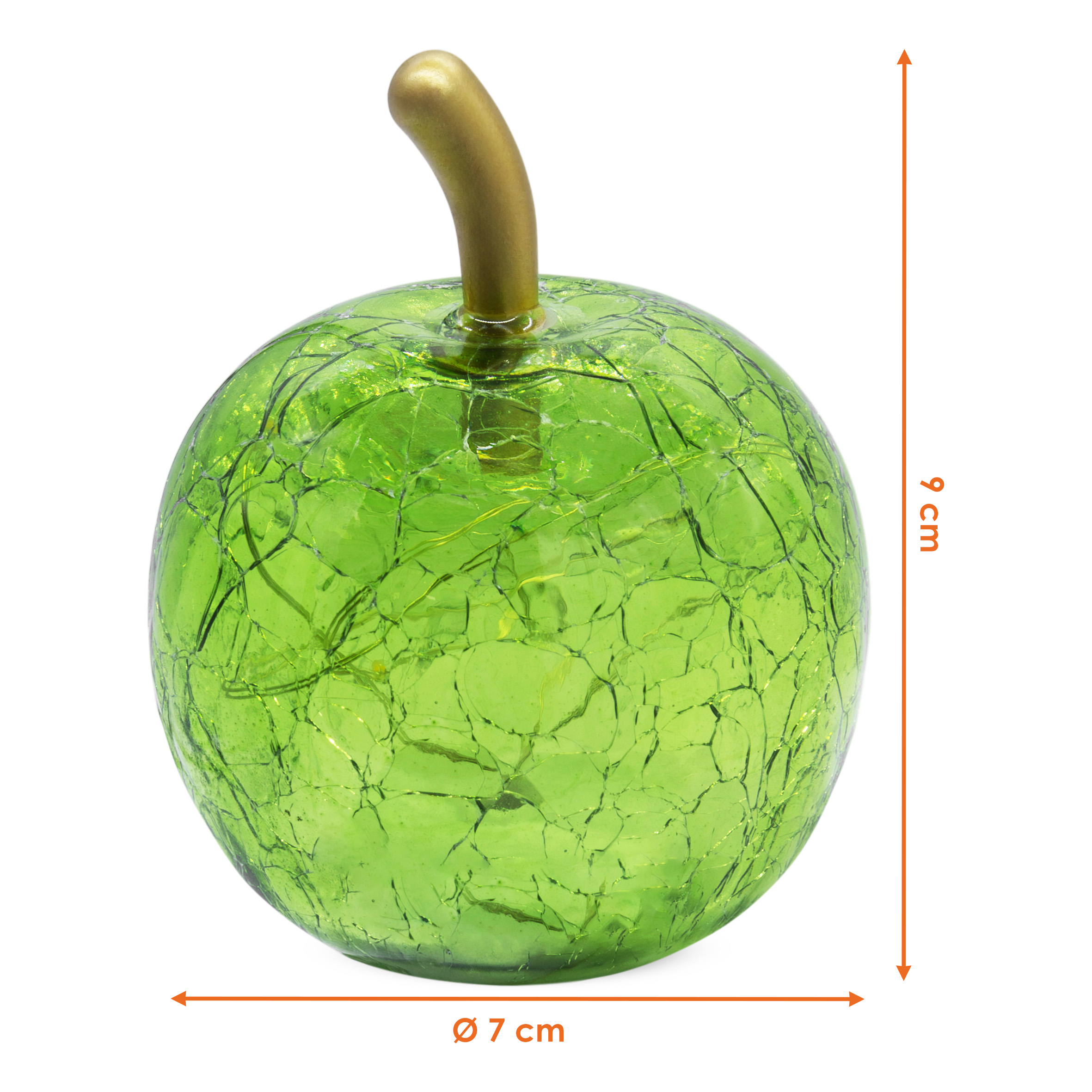 Mini Crackle Glas Apfel 7 cm mit 5 LED batteriebetrieben mit Timer - grün - Deko Frucht in Bruchglas Optik warm weiß beleuchtet