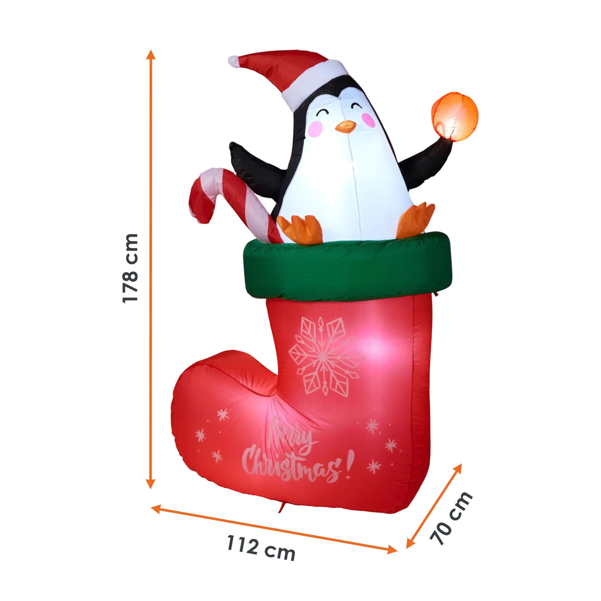 Aufblasbarer XL Nikolaus Stiefel mit LED Beleuchtung - 178 x 110 cm - Riesen Weihnachts Socke mit Pinguin selbstaufblasend mit bunten LEDs für Außen und Innen