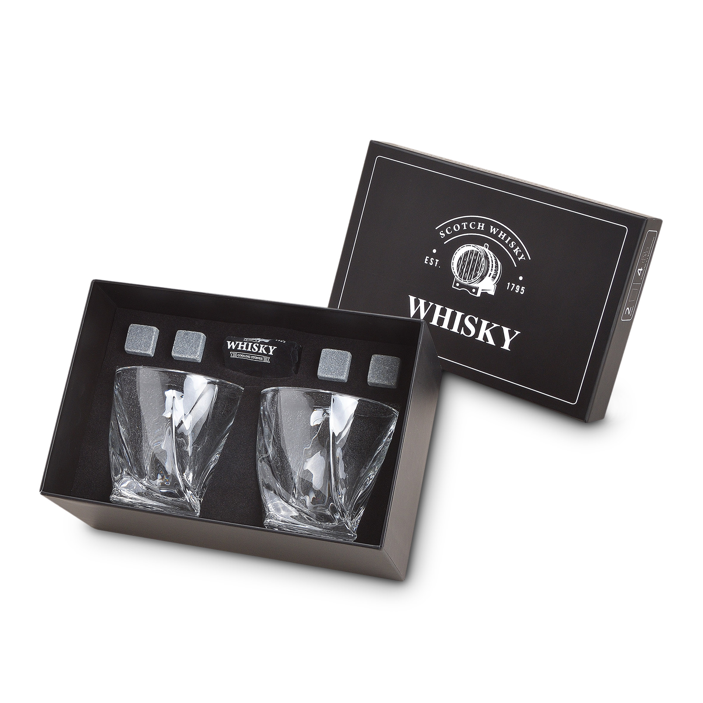 Whisky Glas Geschenk Set aus Kristallglas - 7-teilig - 2er Trinkglas Set mit 4x Basalt Kühlsteinen und Samtbeutel
