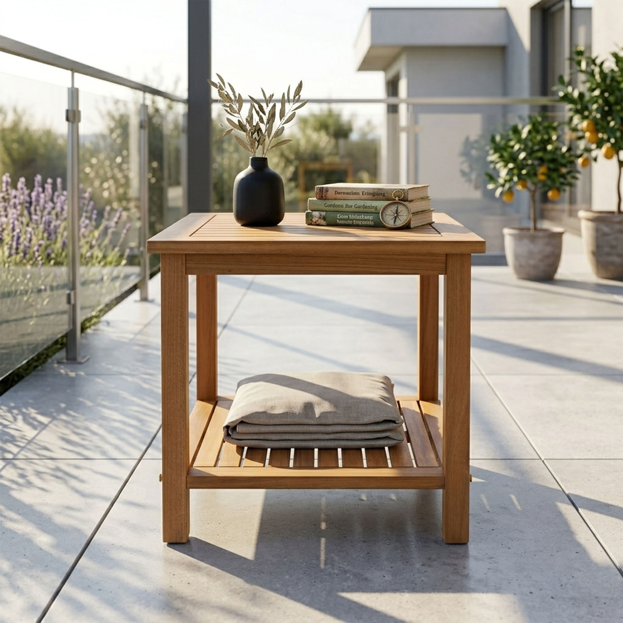 Akazien Beistelltisch geölt - 45 x 45 cm - Holz Gartentisch mit 2 Ablagen - Couchtisch Bistrotisch Holztisch aus Akazienholz für Balkon Terrasse Garten