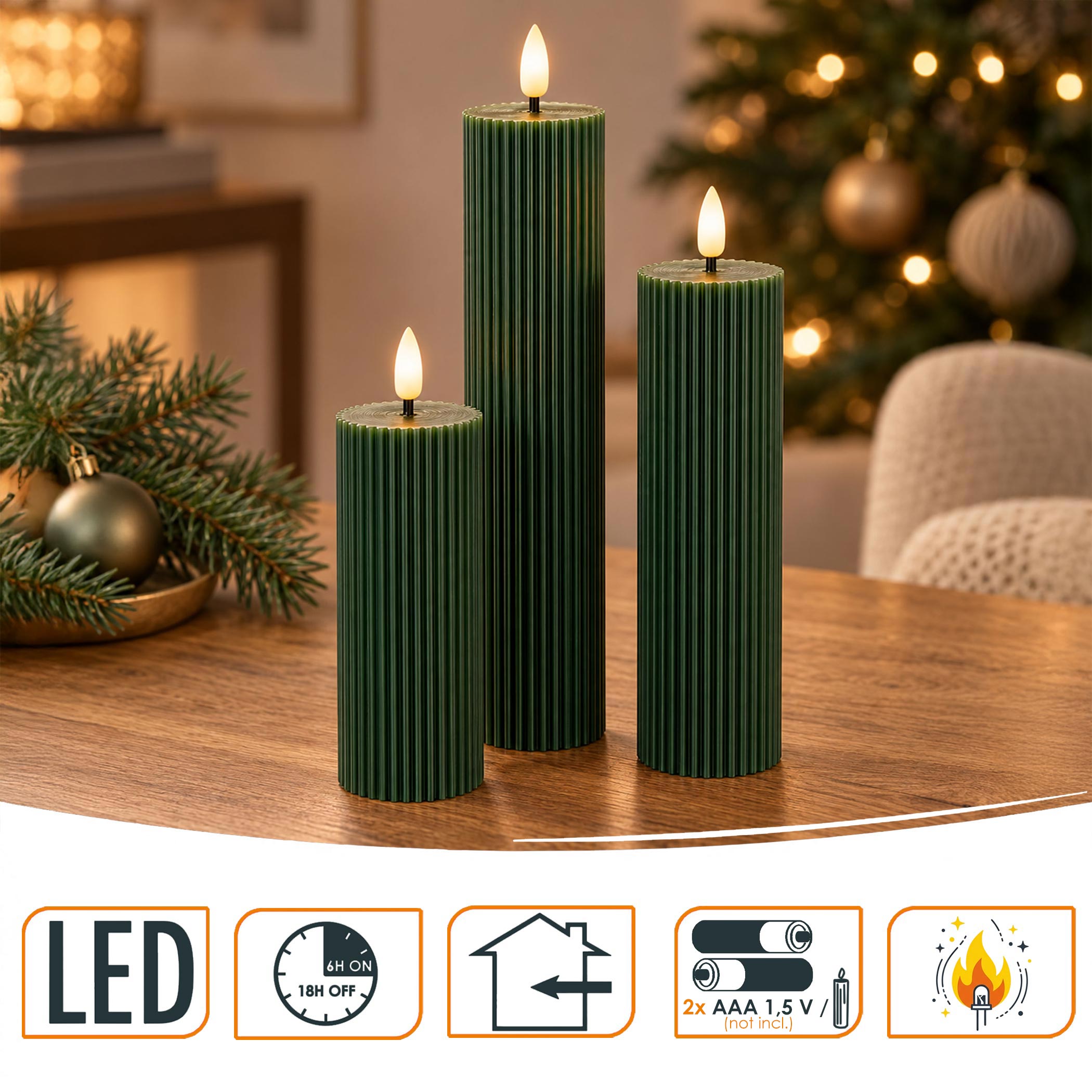 LED Stumpenkerzen mit Flammen Effekt 3er Set batteriebetrieben - 12 / 17 / 22 cm - Künstliche Tafelkerze dick warm weiß mit Flackereffekt