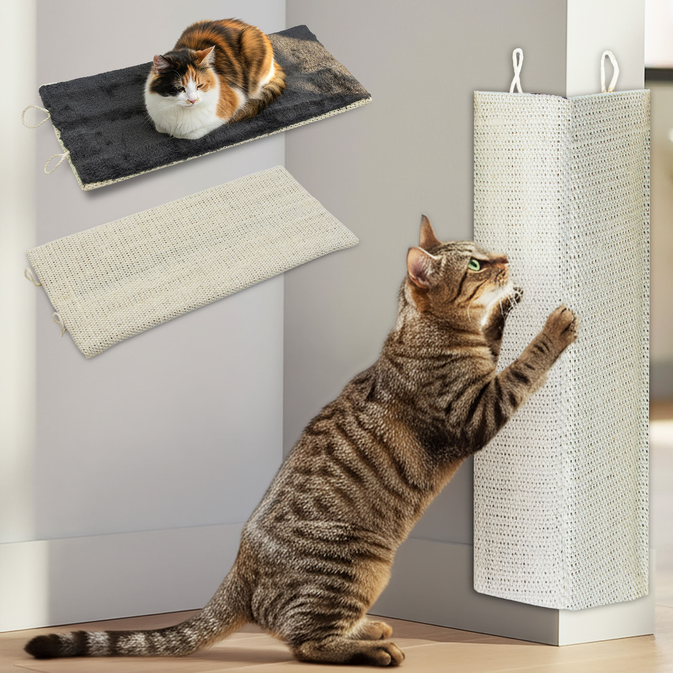 Katzen Kratzbrett mit 2 verschiedenen Seiten - 50 cm oder 80 cm / 1er oder 2er Pack - Sisal und Plüsch Kratzecke zum Legen oder Hängen