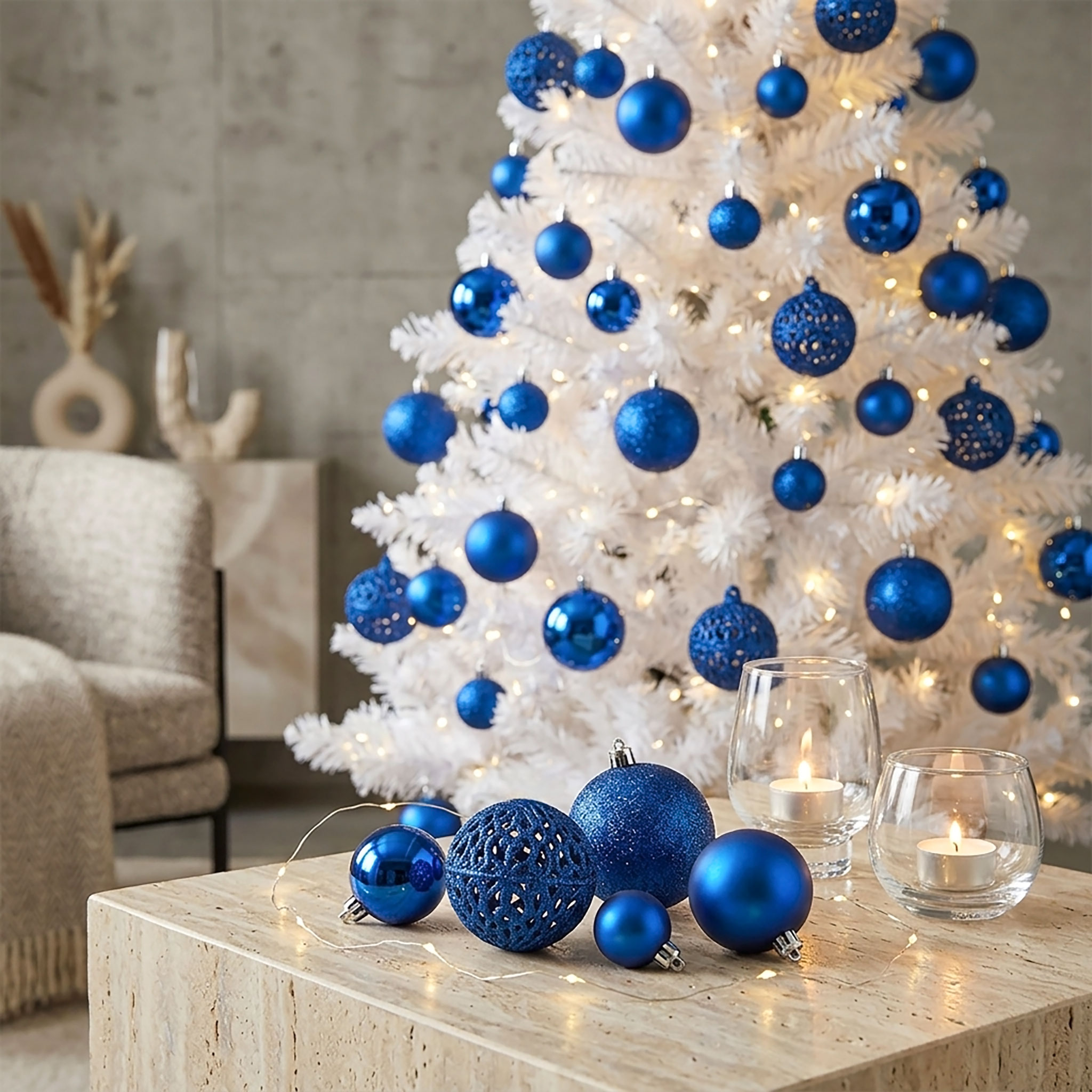 Kunststoff Christbaumkugel Set 50-teilig bruchsicher - blau - Design Weihnachtskugeln inklusive Metall Haken