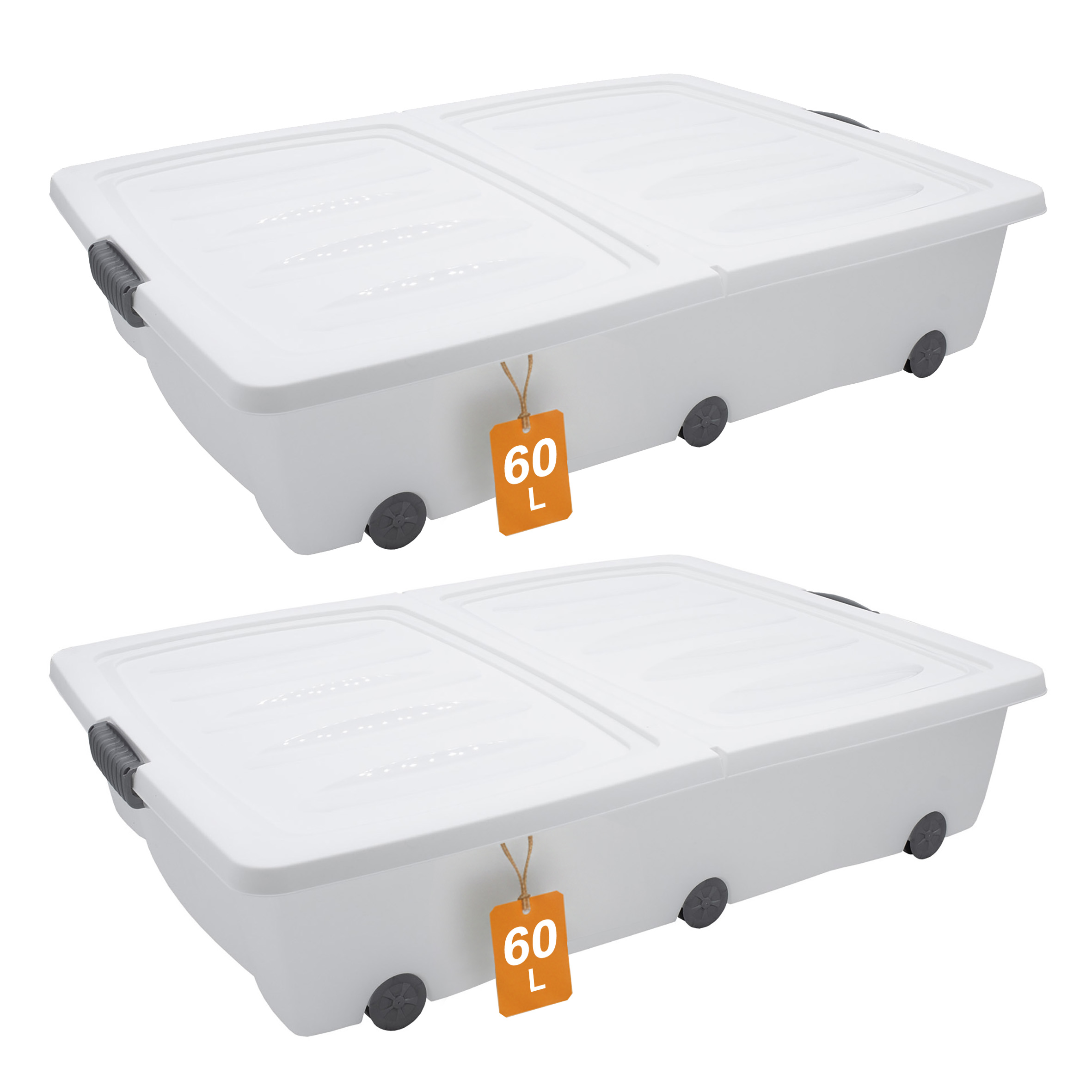 XXL Unterbettkommode mit Klappverschluss 2er Set - 60 Liter - Aufbewahrungs-Rollbox mit zweigeteiltem Deckel in weiß