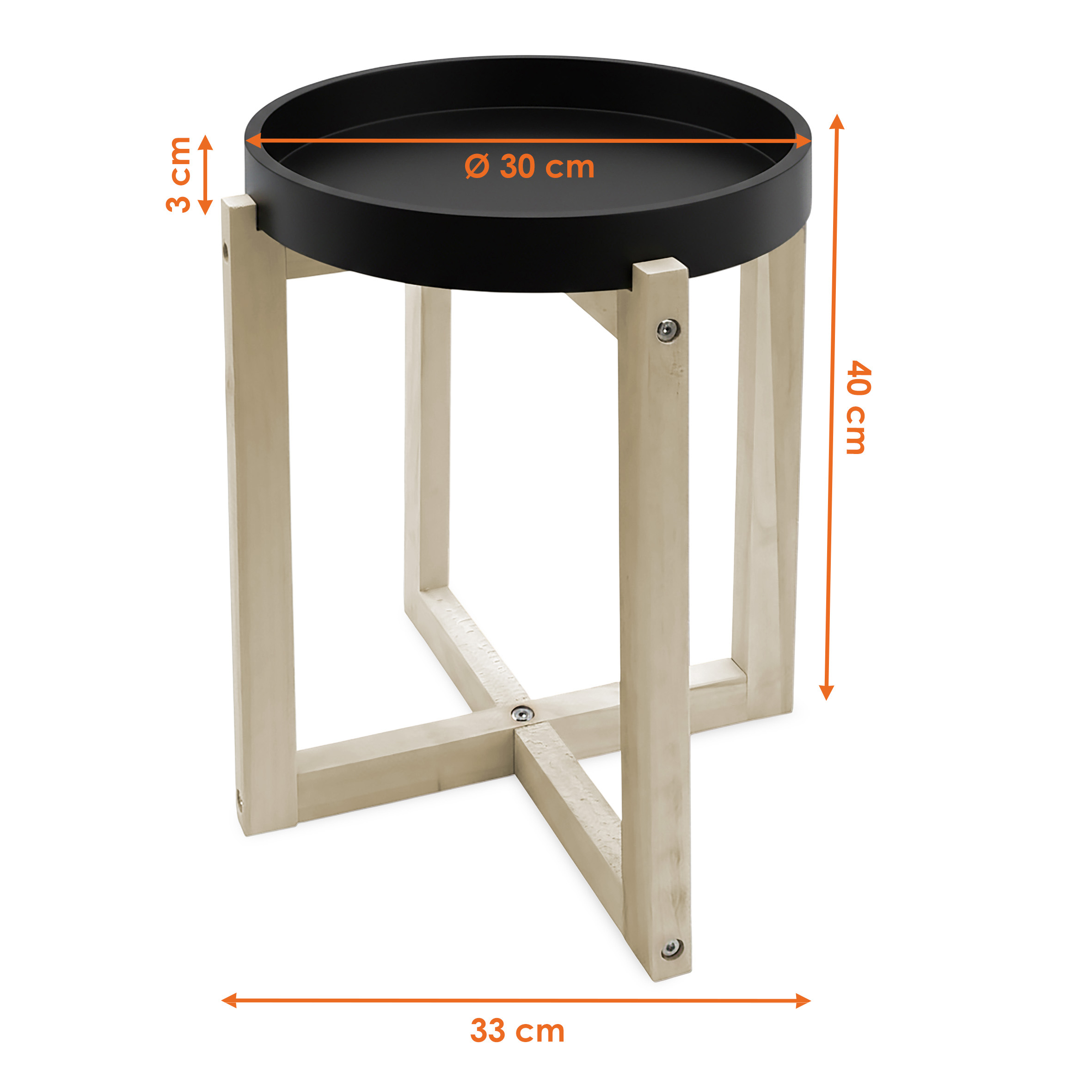 Holz Beistelltisch rund mit Tischplatte im Tablett Design 30 cm - schwarz - Deko Blumentisch mit naturbelassenem X-Gestell