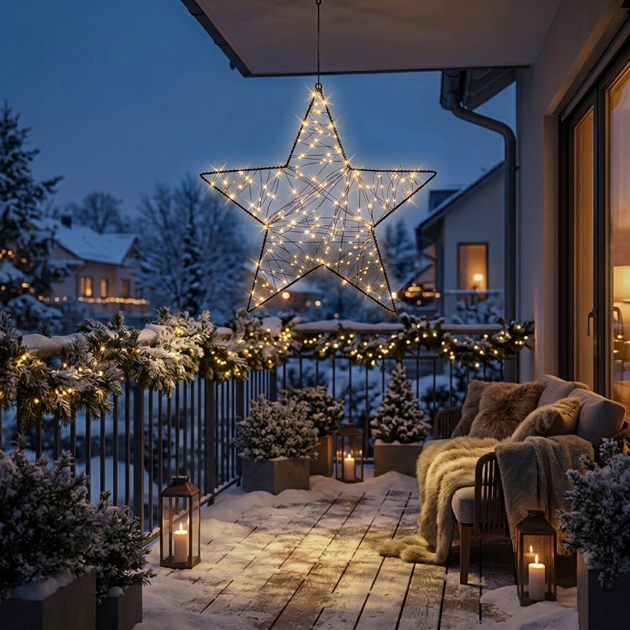 Metall Leuchtstern schwarz mit Twinkle Effekt dimmbar für Außen mit Timer - 30 cm - Stern Silhouette mit funkelnden 200 LEDs in warm weiß mit Netzteil