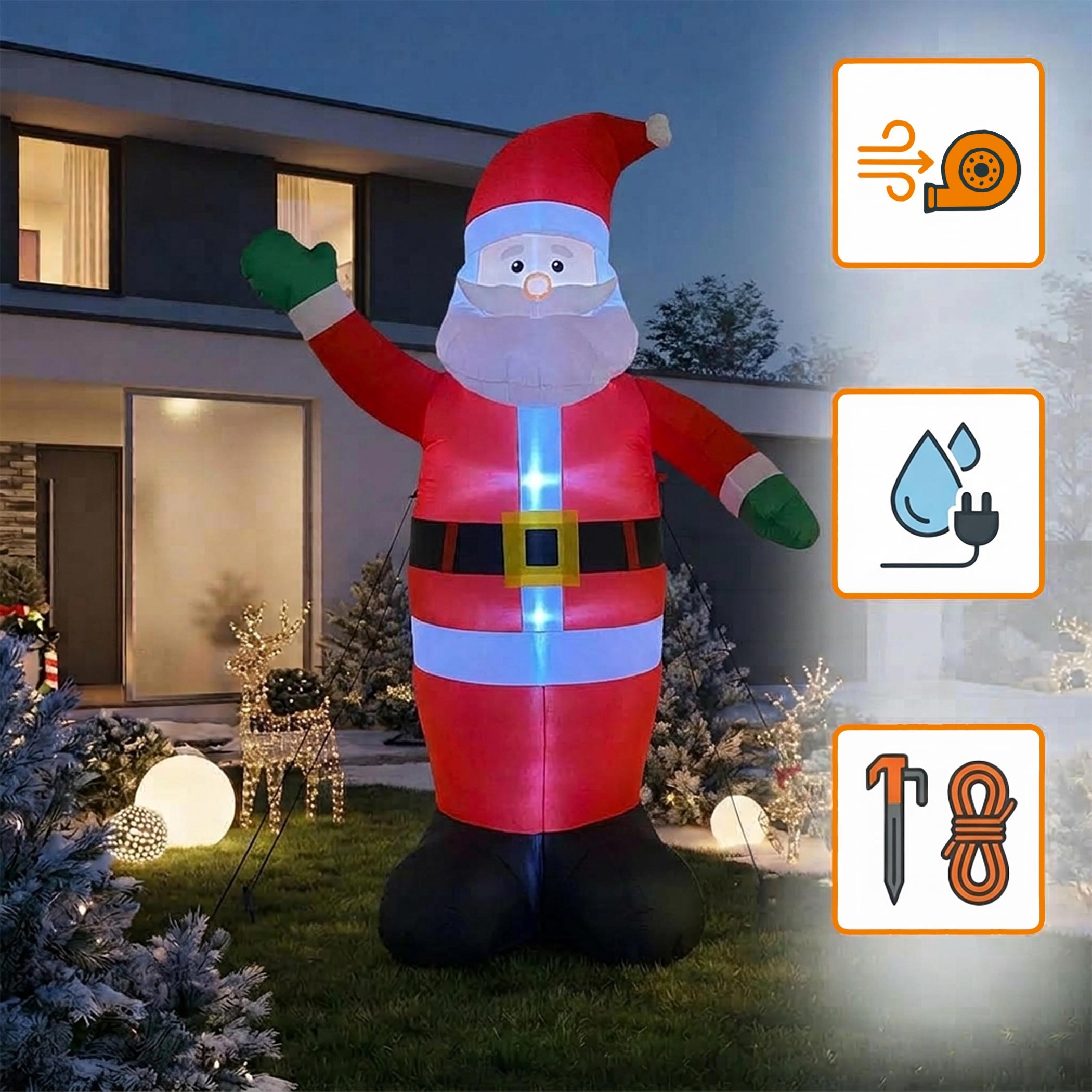 Aufblasbarer Weihnachtsfigur mit LED Beleuchtung selbstaufblasend mit bunten LEDs für Außen und Innen