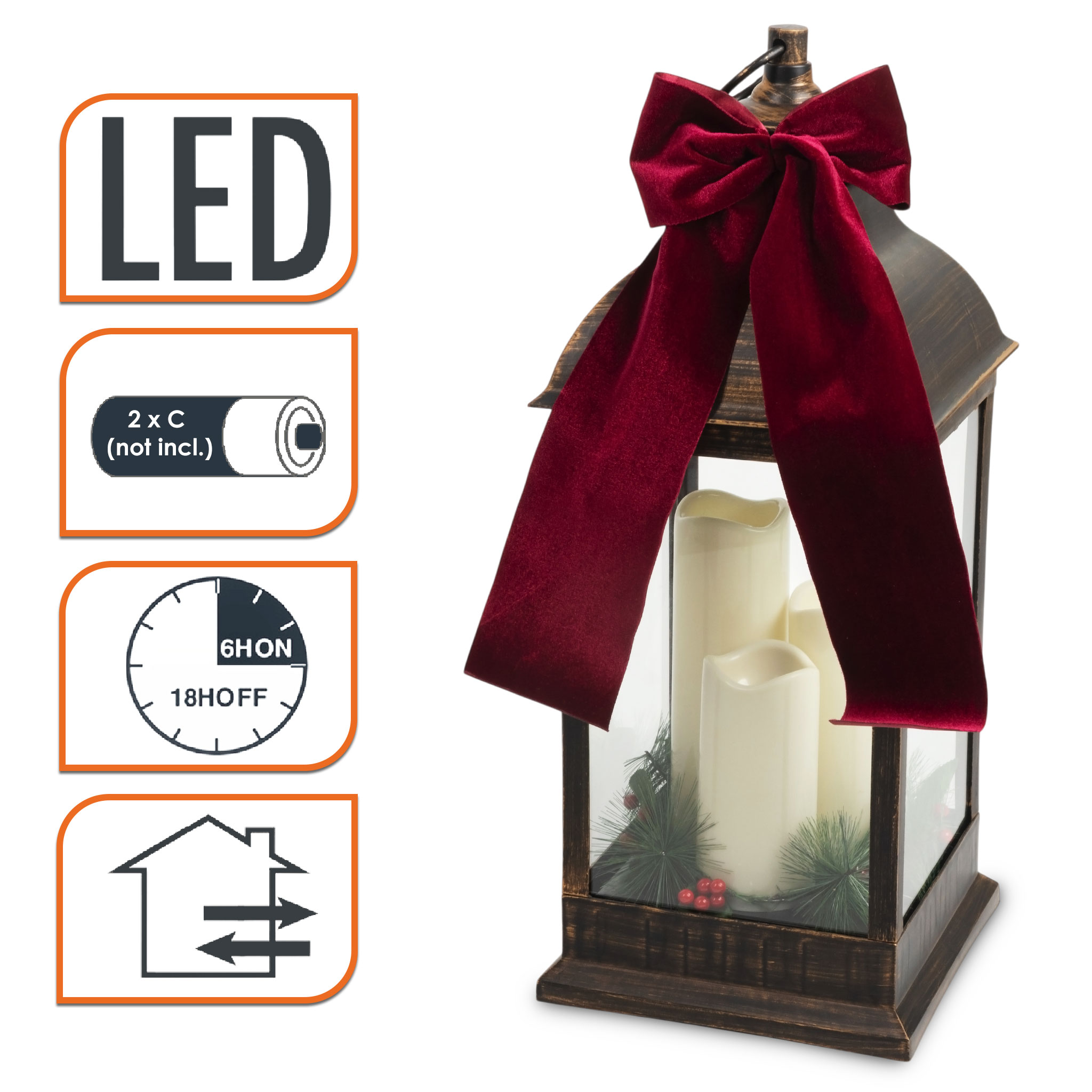 XXL Laterne antik bronze mit 3 LED Kerzen mit Timer Funktion für Außen - 60 x 23 cm - Kunststoff Windlicht warm weiß beleuchtet batteriebetrieben