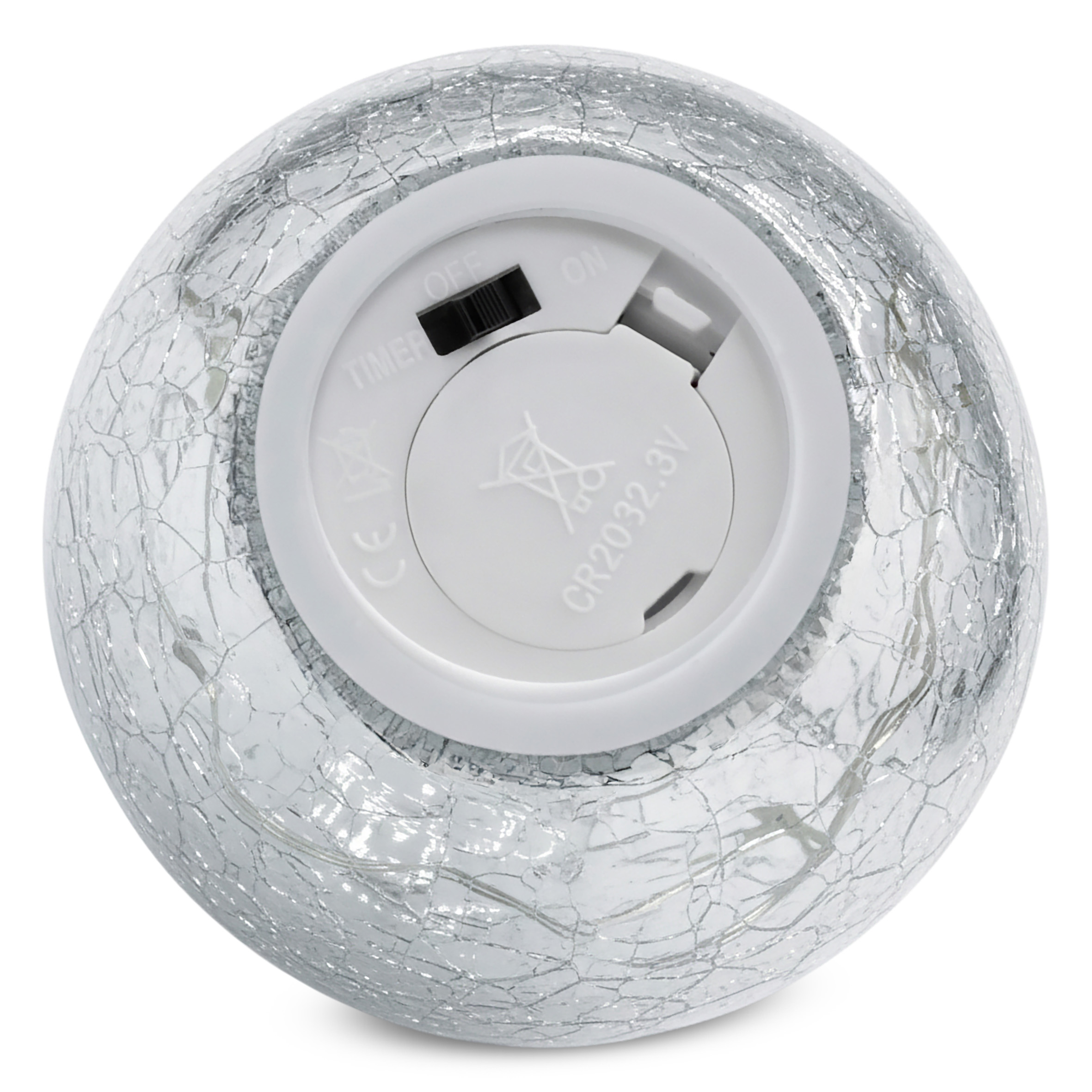 Mini Crackle Glas Apfel 7 cm mit 5 LED batteriebetrieben mit Timer - silber - Deko Frucht in Bruchglas Optik warm weiß beleuchtet