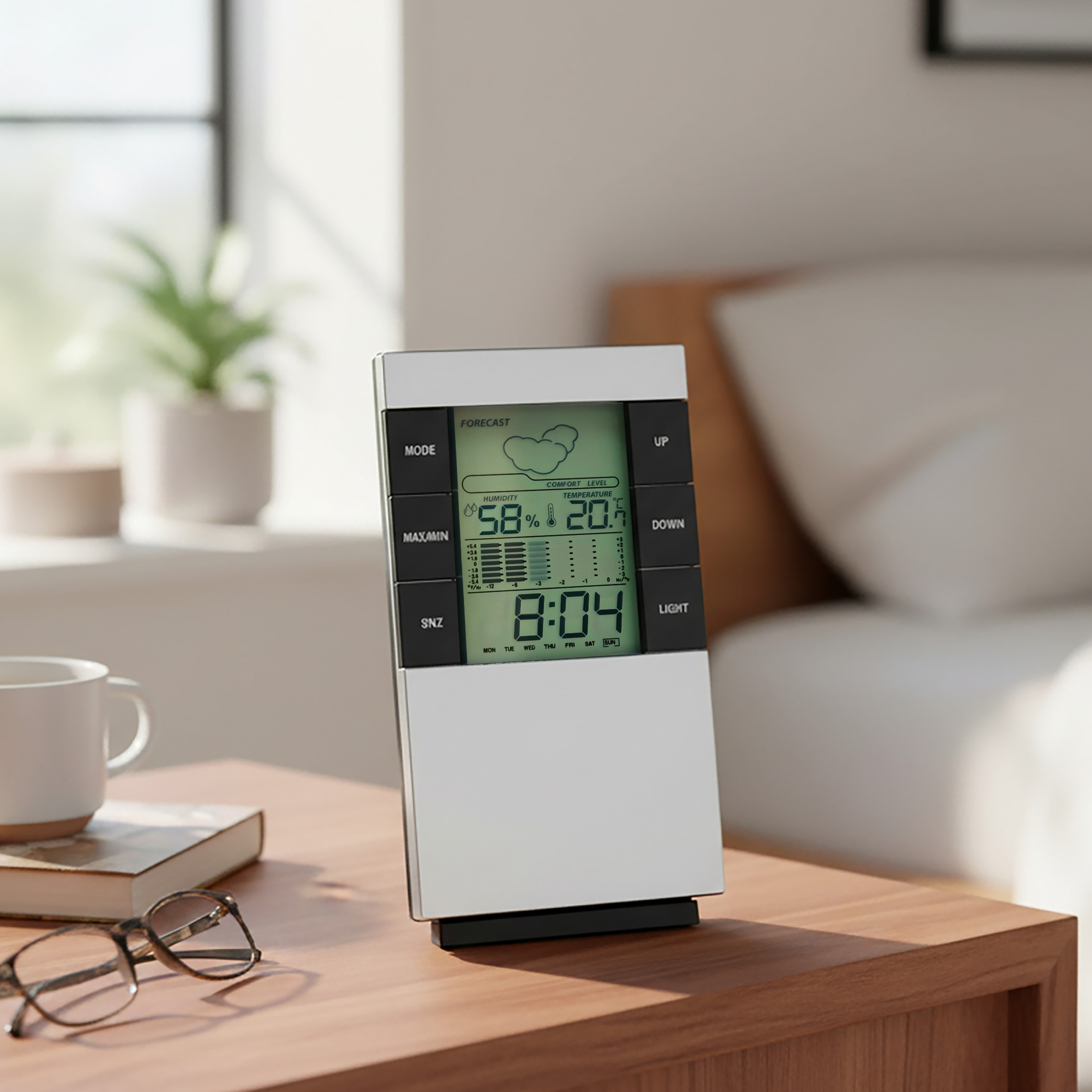Digitale Wetterstation 5in1 silber für Innenräume zum Hängen oder Aufstellen - 14 x 8 cm - Hygrometer mit Uhr Wecker und Wettervorhersage batteriebetrieben