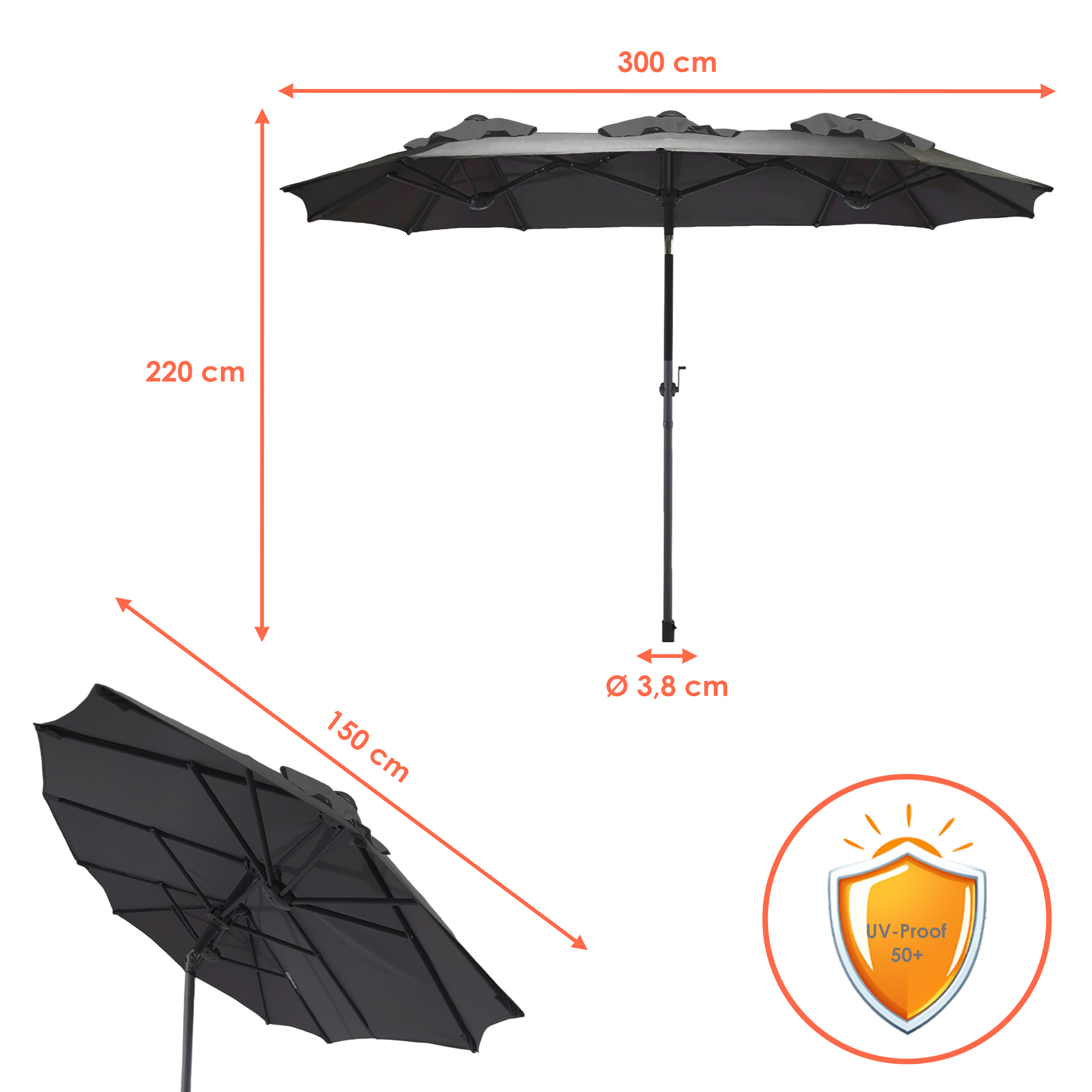 Doppel Sonnenschirm mit Kurbel 300 x 150 cm - anthrazit oder natur - XL Gartenschirm mit Knickgelenk