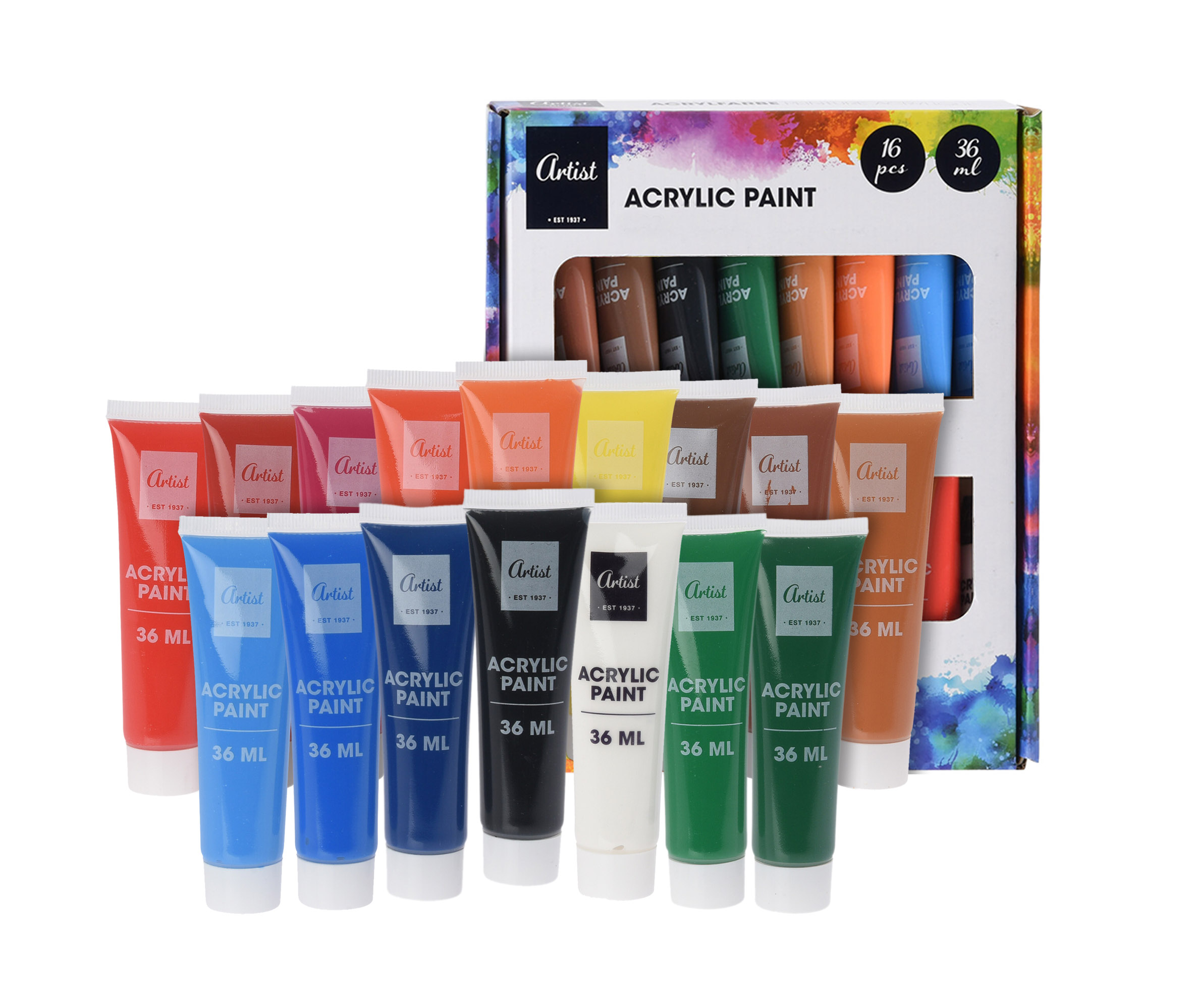 Acrylfarben-Set für Anfänger und Profis - 16 x 36 ml - Leuchtende Künstler Farben für Acrylmalerei