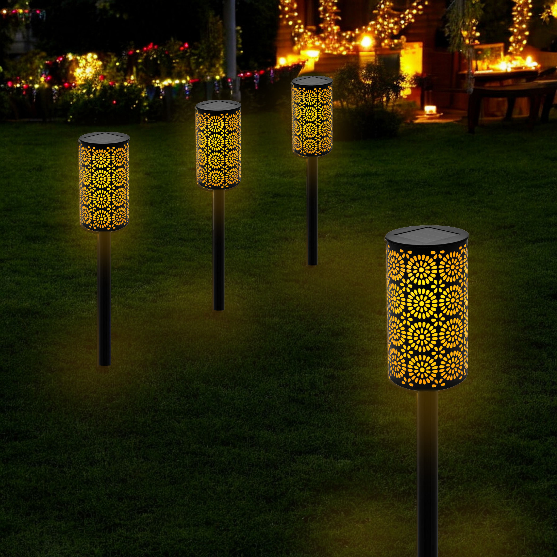 LED Solar Gartenfackel mit Blumen Muster 49 x 7 cm - 12er Set - Wegeleuchte mit realistischem Flammeneffekt
