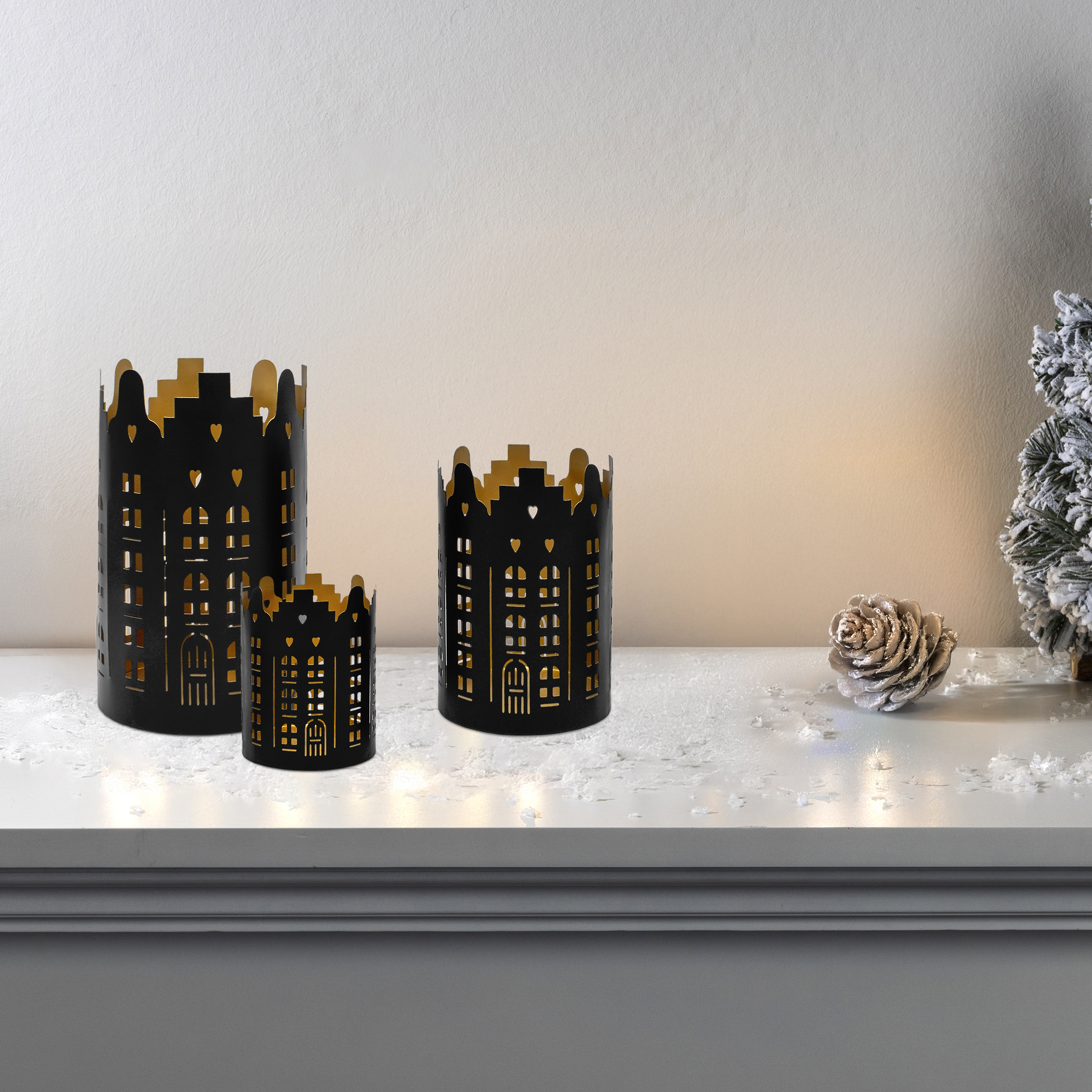 Metall Weihnachts Windlicht rund 3er Set - 20 / 15 / 10 cm - Deko Tisch Laterne Skyline schwarz