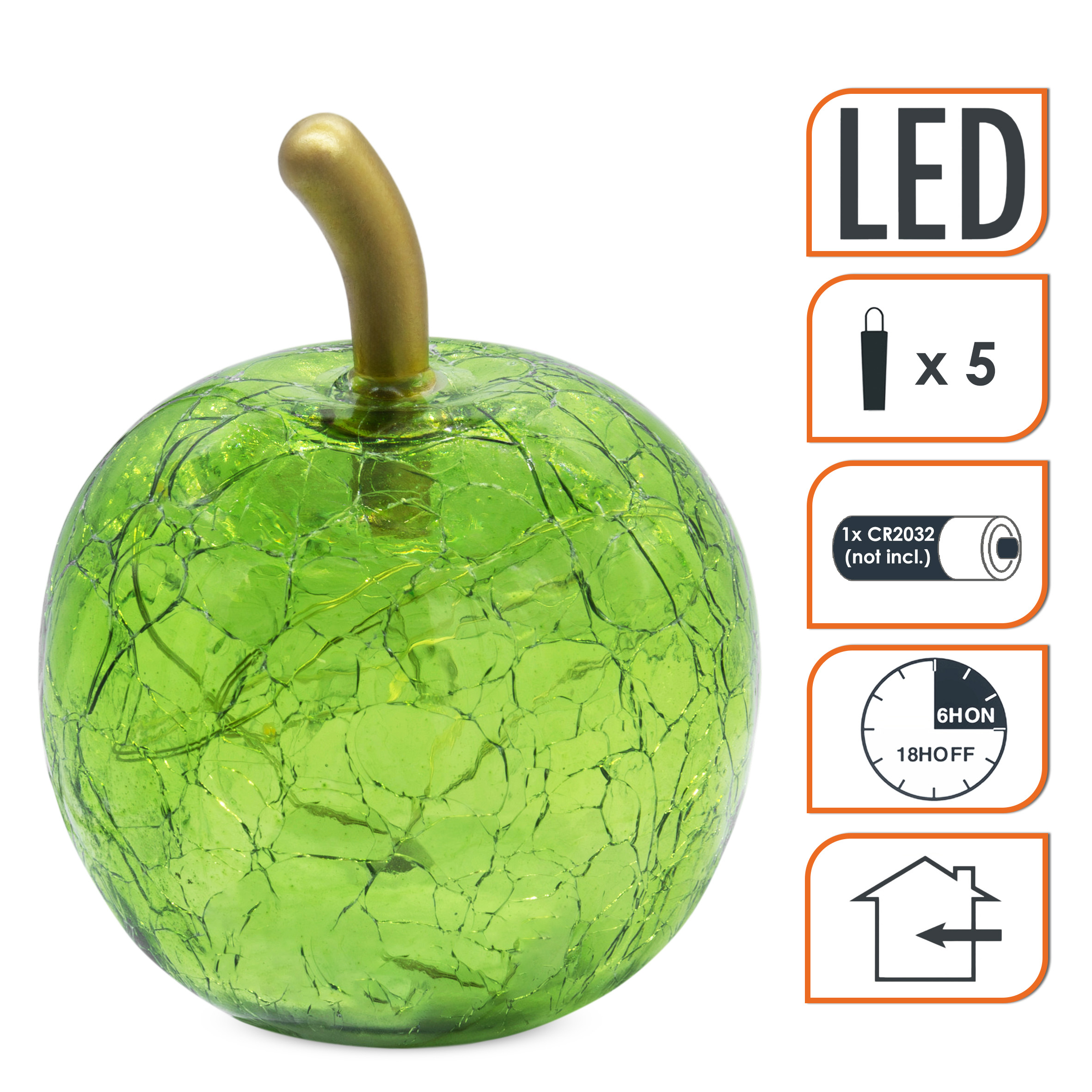 Mini Crackle Glas Apfel 7 cm mit 5 LED batteriebetrieben mit Timer - grün - Deko Frucht in Bruchglas Optik warm weiß beleuchtet
