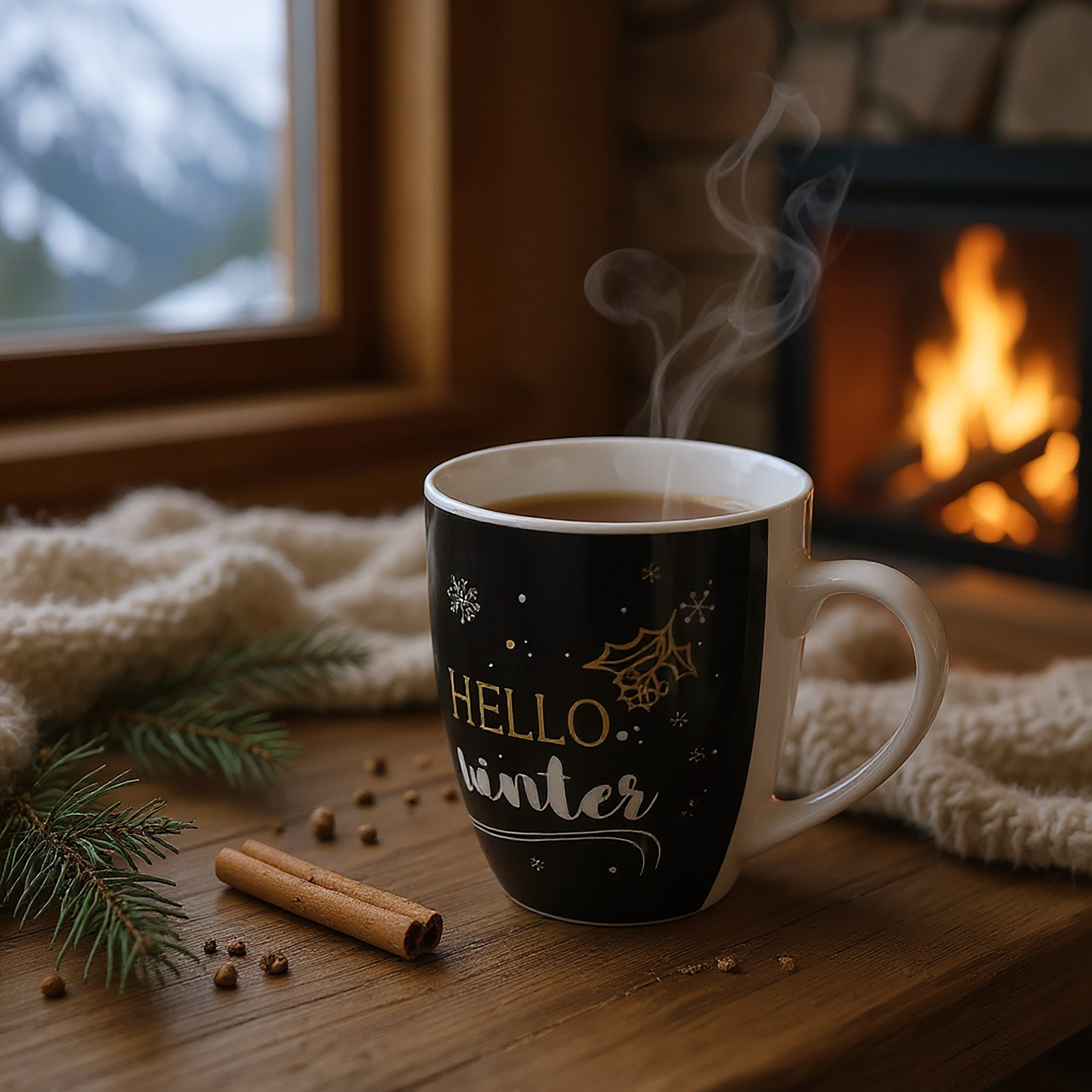 Feinkeramik Kaffeetasse 300 ml mit Wintermotiv - 6er Set - Porzellan Weihnachts Kaffeebecher mit Henkel