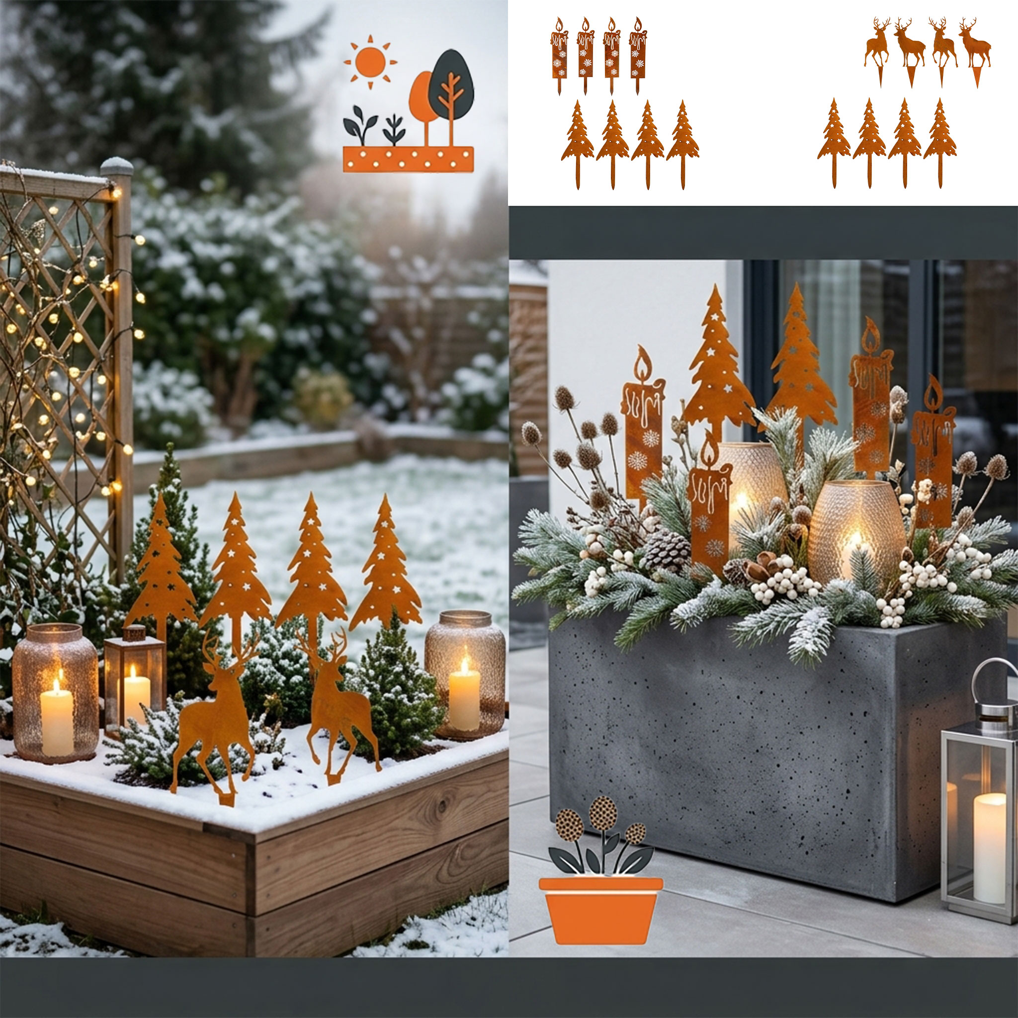 Gartenstecker Tannenbaum und Kerze mit Edelrost 8er Set - 4x 28 cm | 4x 24 cm - Weihnachts Pflanzenstecker aus Metall mit Rost Patina