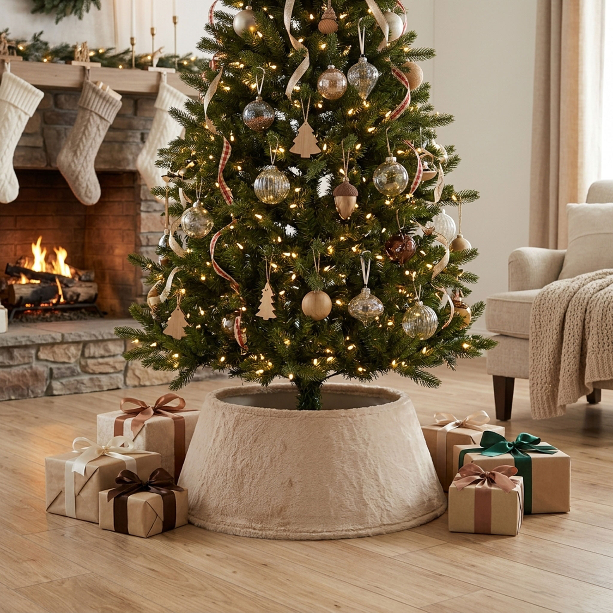 Weihnachtsbaumrock 56 x 25 cm aus Plüsch Stoff - beige - Christbaumständer Samt Abdeckung