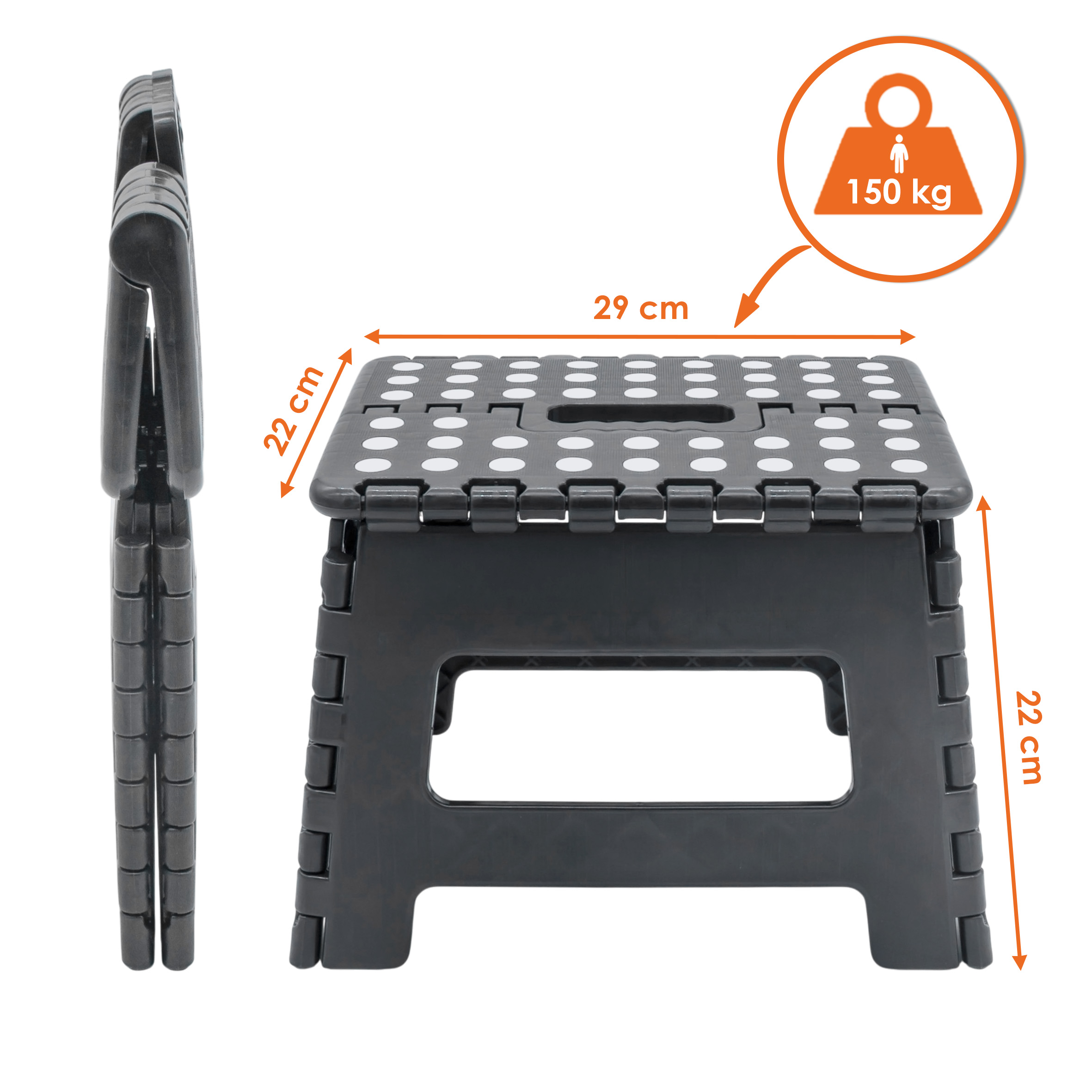 Kunststoff Klapptritt grau bis 150 kg mit Tragegriff und Antirutsch - 29 x 22 cm - Tritthocker klappbar mit rutschfester Trittfläche