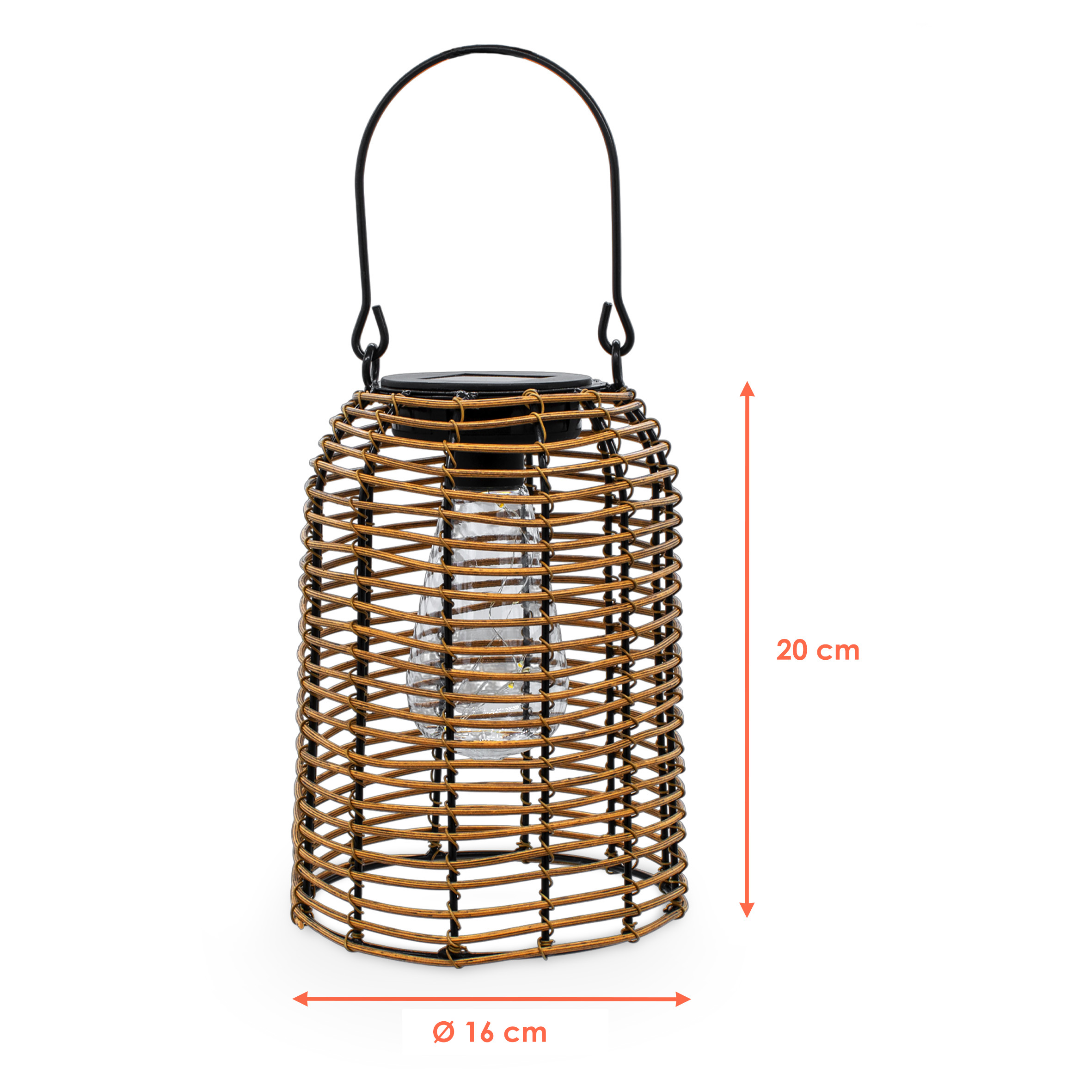 Solar Hängeleuchte in Rattan Optik natur mit LED Glühbirne - 20 x 16 cm - Deko Gartenlaterne zum Hängen warm weiß beleuchtet