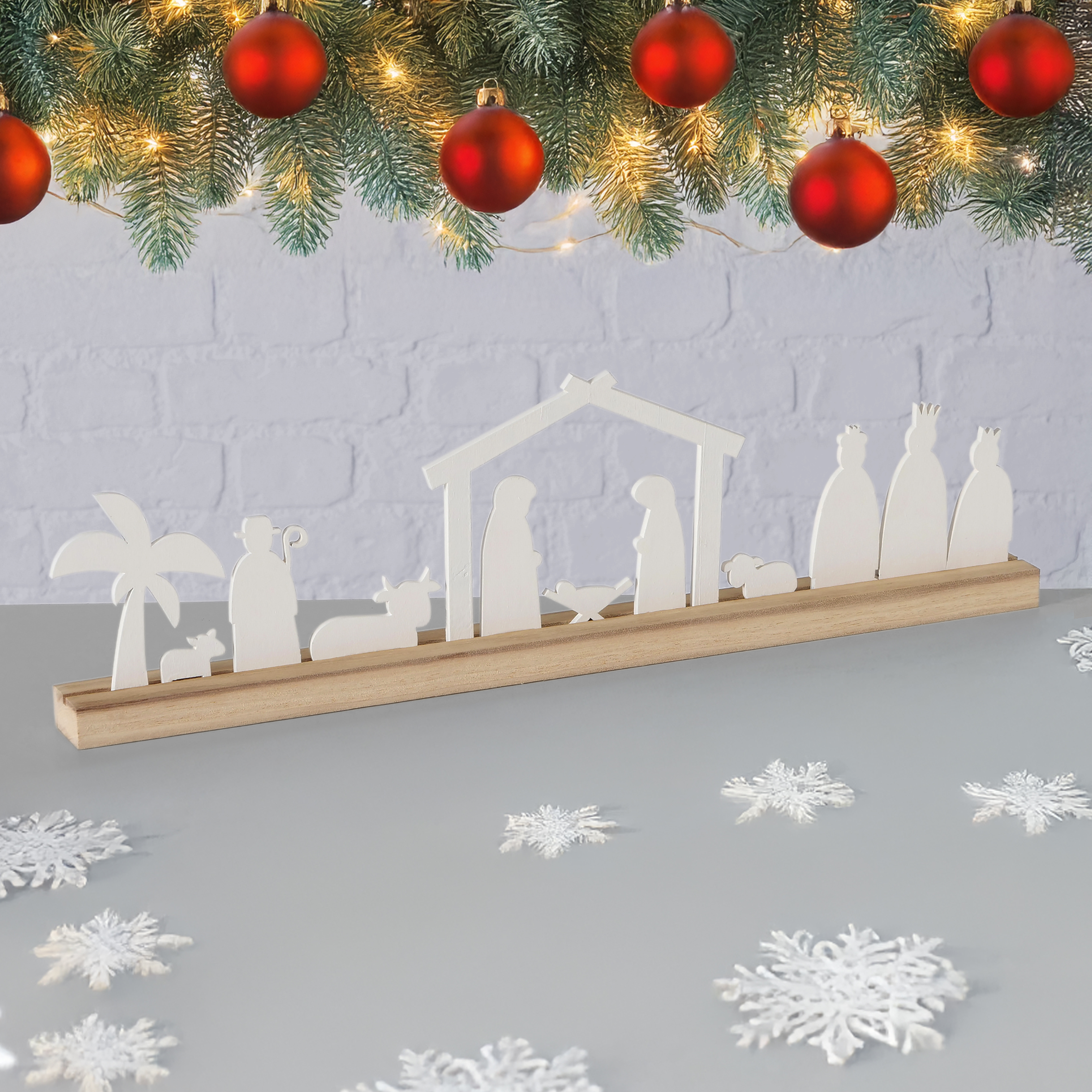 Holz Weihnachtskrippe Silhouette weiß natur - 50 x 14 cm - Weihnachts Deko Aufsteller Krippen Szene