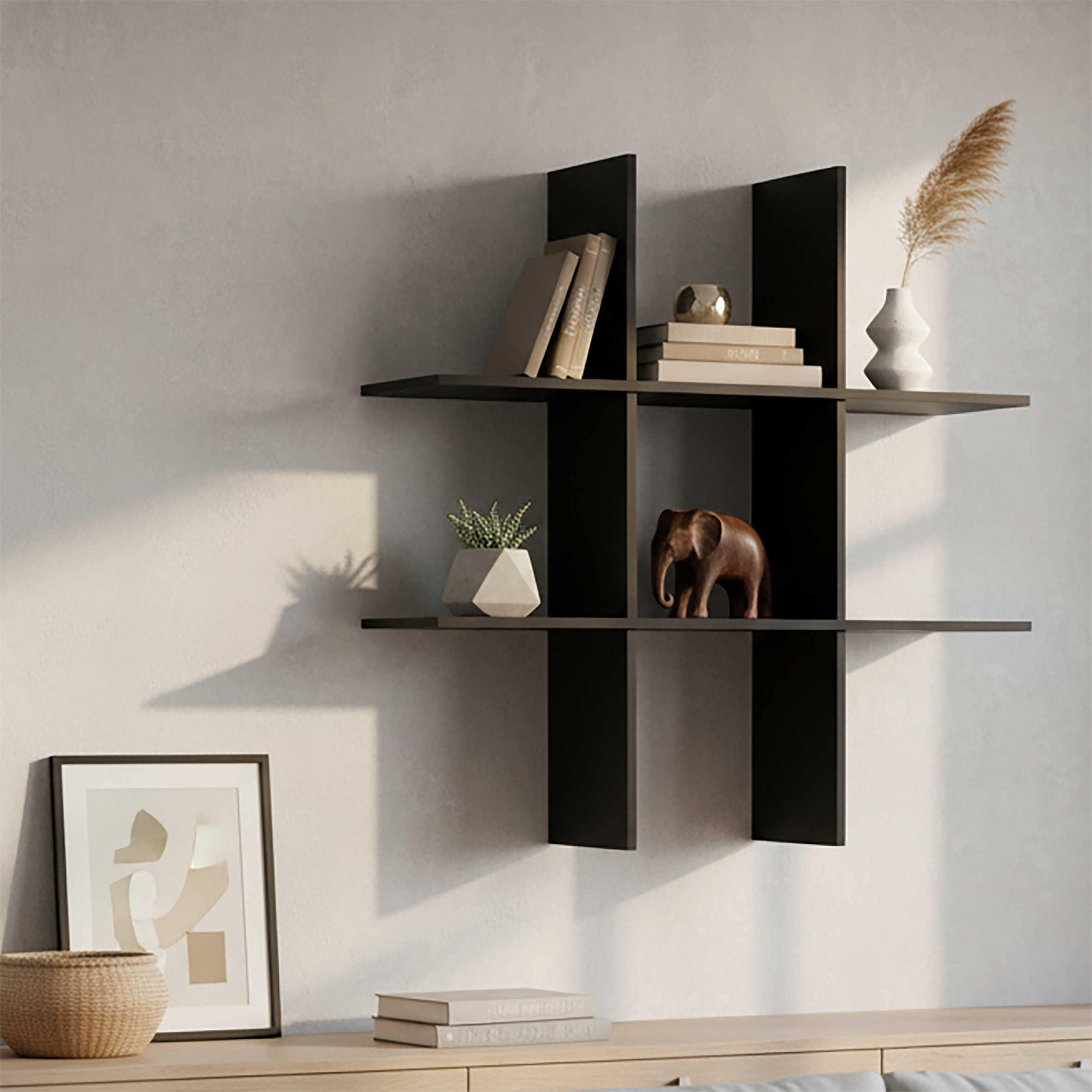 Holz Wandregal 55 x 55 cm schwebend mit 6 Fächern - schwarz - Schweberegal im Würfel Design mit Melamin Furnier