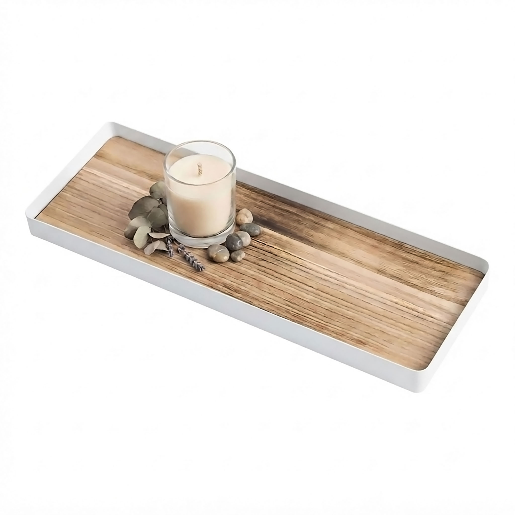 Kerzentablett mit Metall Rahmen und Holz Boden - 45 cm x 18 cm - Deko Tablett weiß natur rechteckig mit Rand