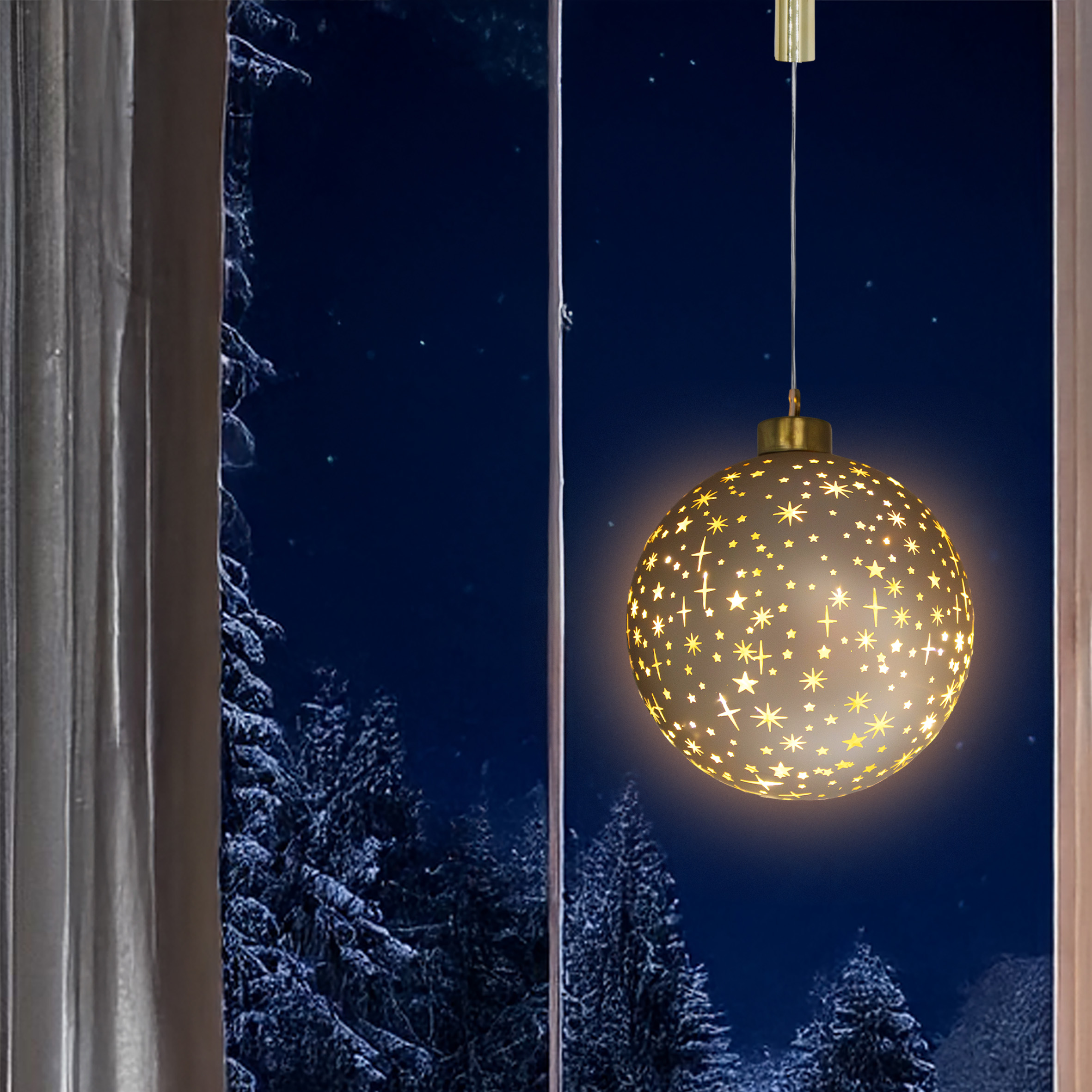 LED Glas Weihnachtskugel champagner zum Hängen mit Timer - 19 cm - Dekokugel mit Sterne Motiv soft gold beleuchtet batteriebetrieben