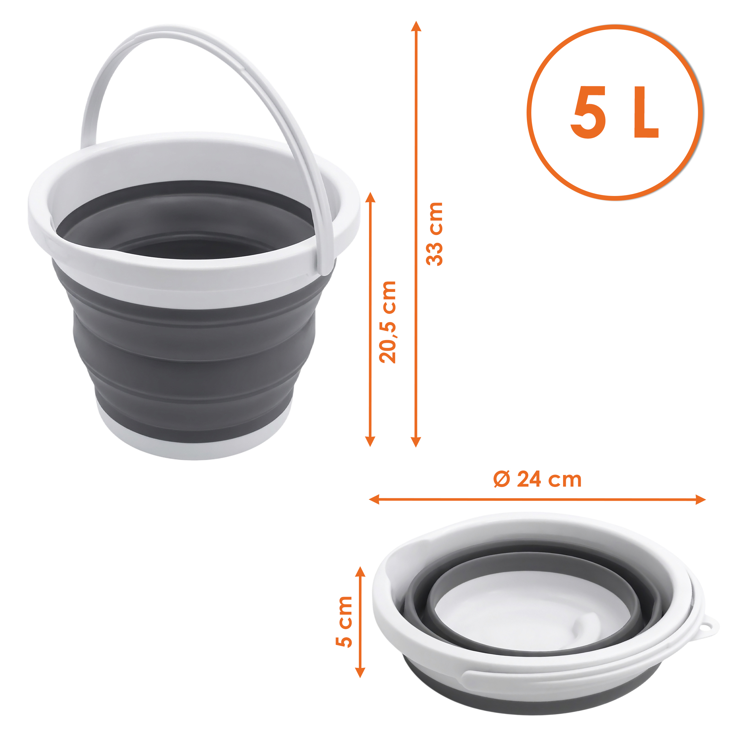Camping Eimer faltbar Ø 24 cm grau - 5 L - Silikon Wasserkübel mit Tragegriff