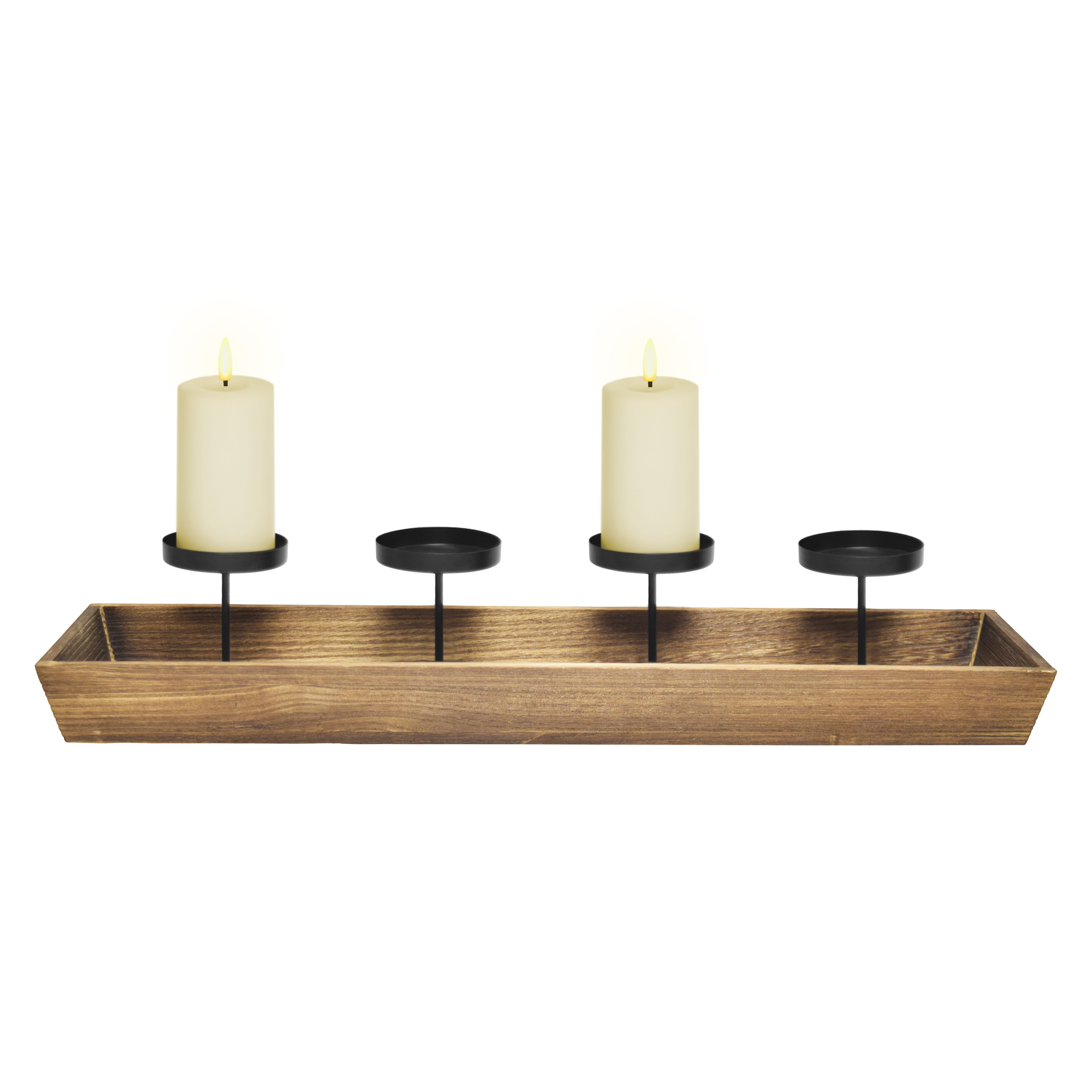 XL Holz Advents Kerzenleuchter mit 4 Kerzentellern - 56 x 12 cm - Weihnachts Kerzenständer mit integriertem Dekotablett