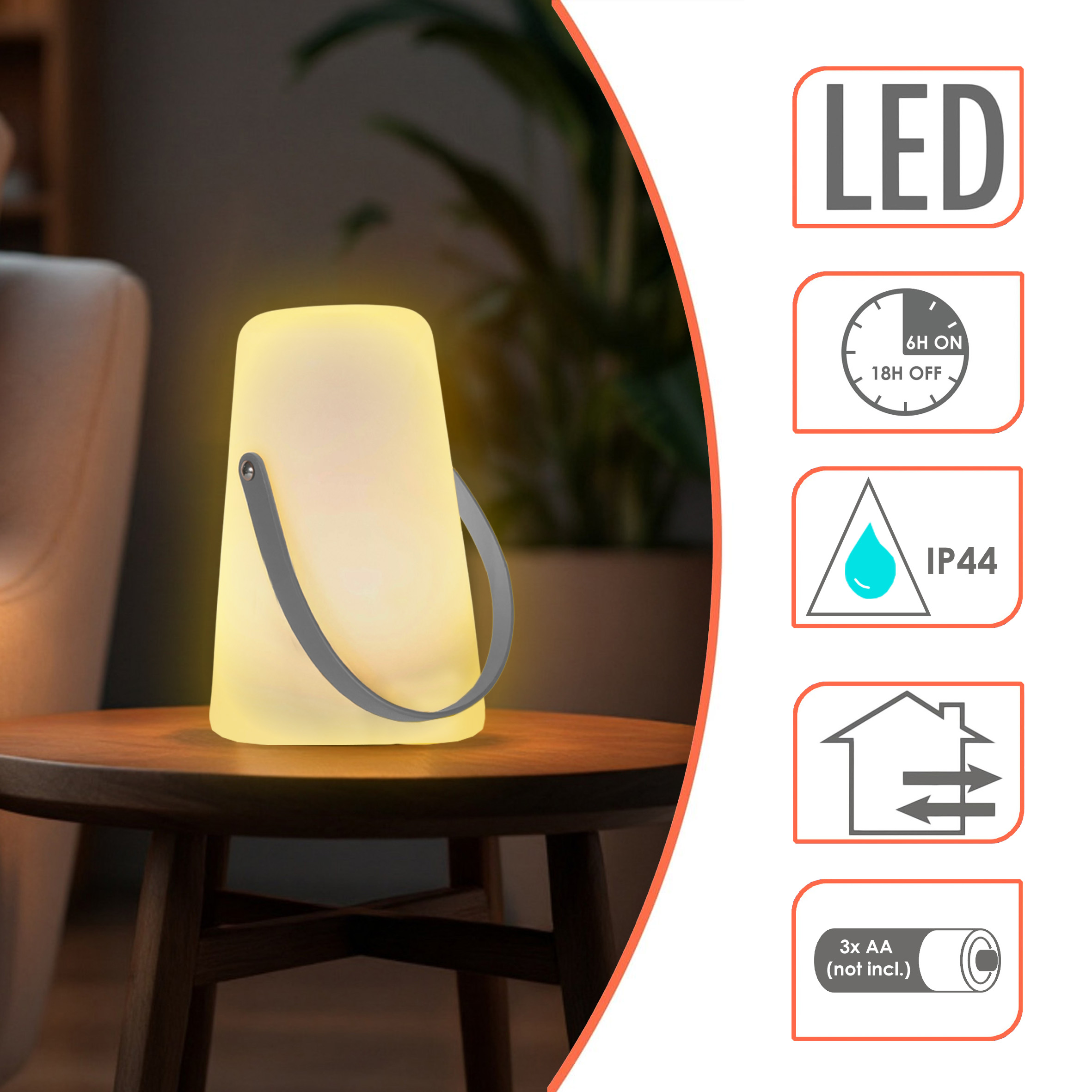 LED Tischlampe mit Lederband konisch rund - 14 x 10 cm - Garten Tisch Leuchte mit Timer