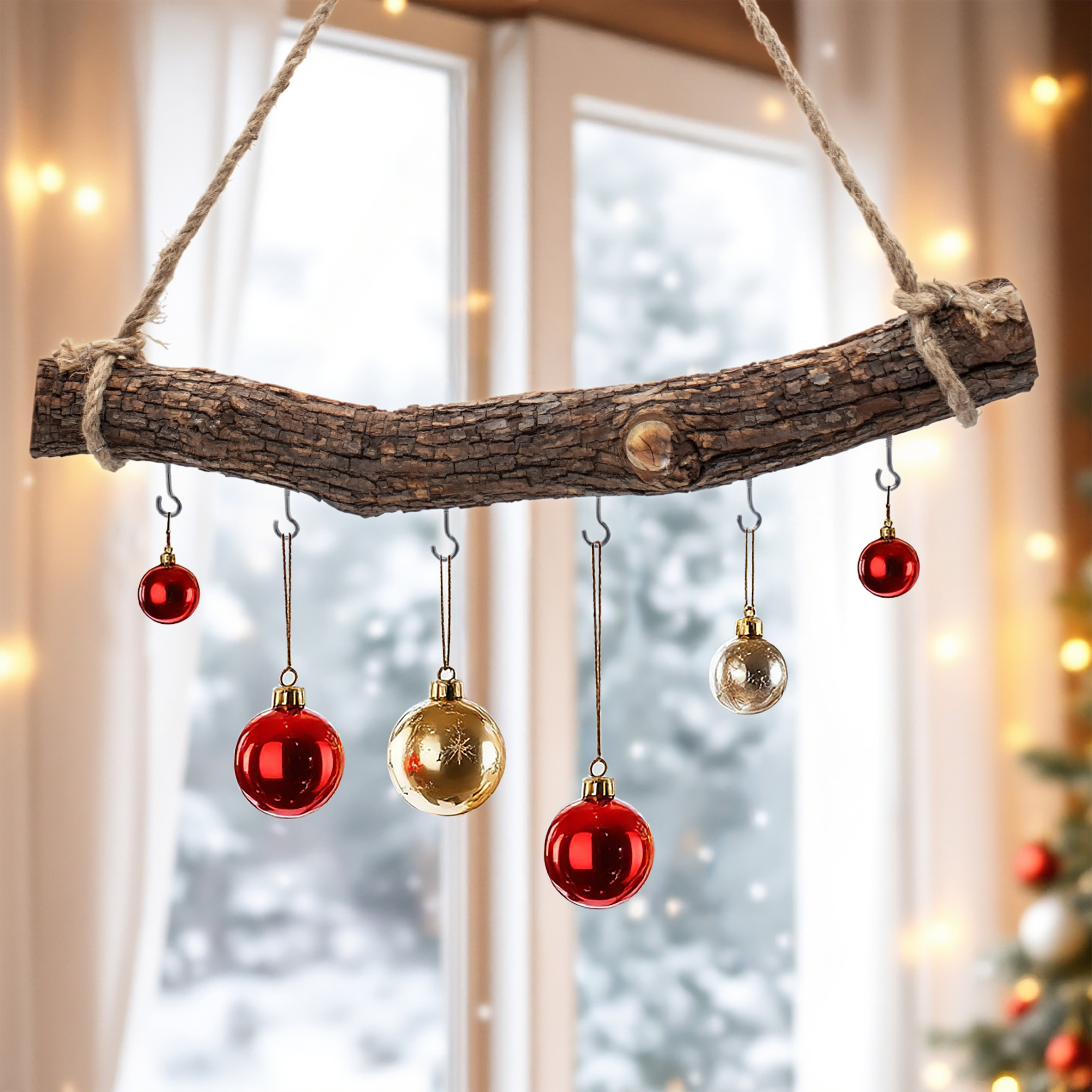 Holzast massiv zum Hängen mit 6 Haken zum Dekorieren - 56 cm - Massivholz Stange Wanddeko Hänger mit Naturkordel