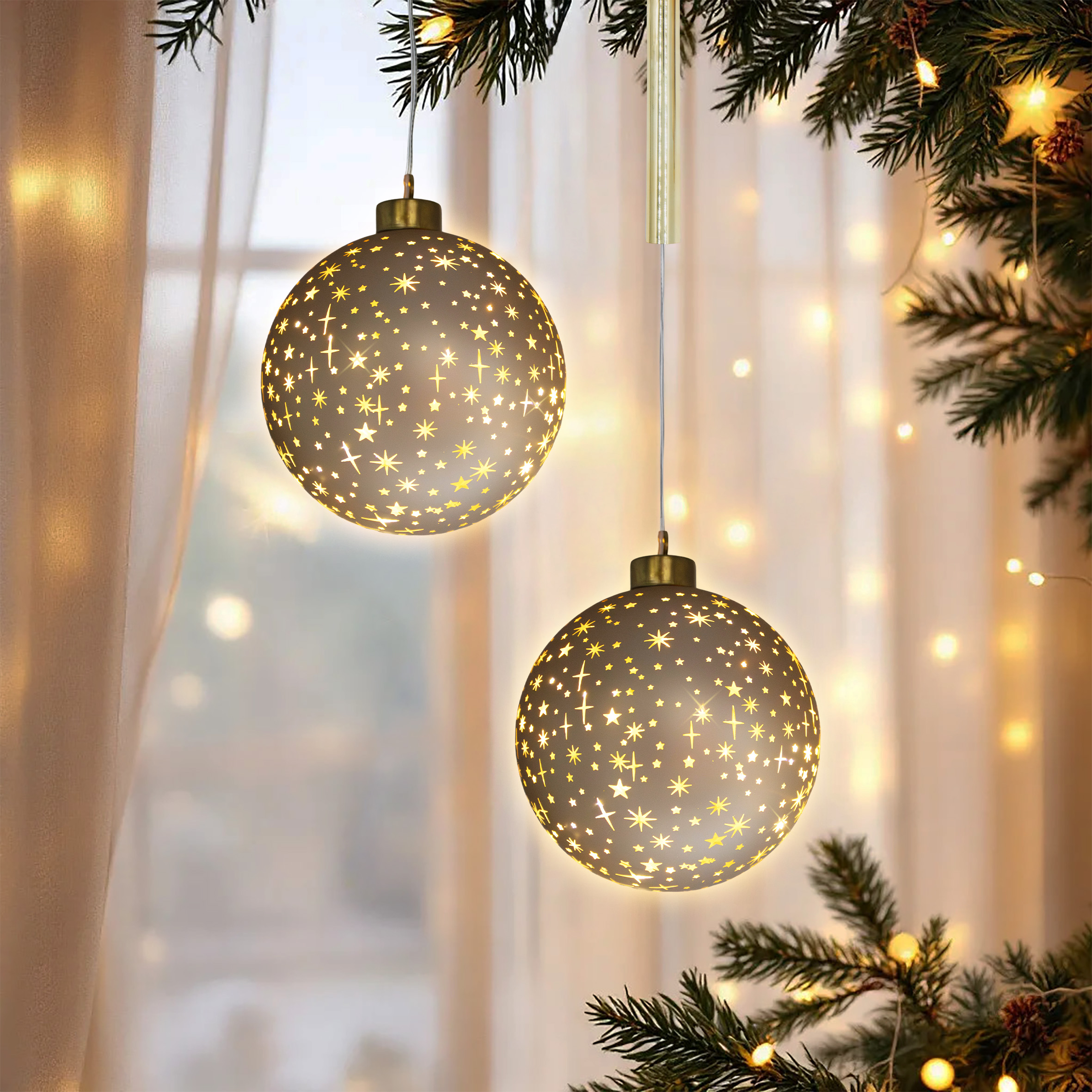 LED Glas Weihnachtskugel champagner zum Hängen mit Timer - 19 cm - Dekokugel mit Sterne Motiv soft gold beleuchtet batteriebetrieben