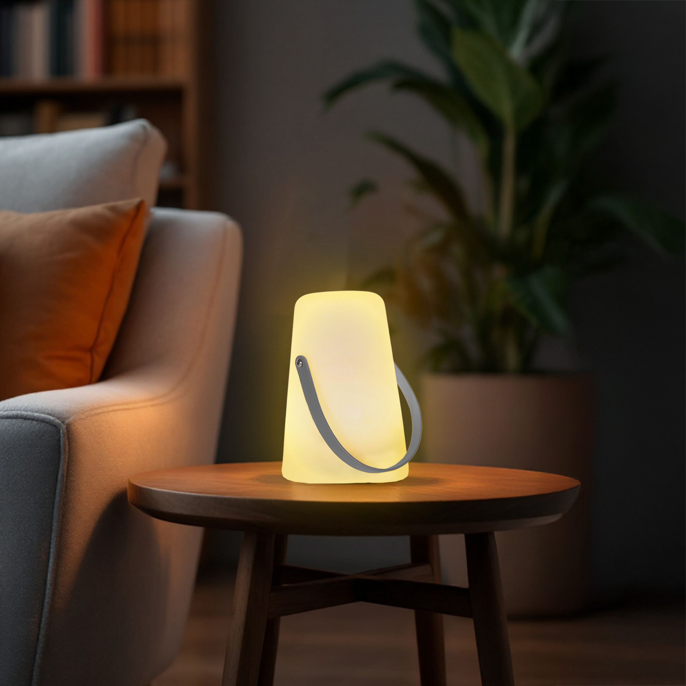 LED Tischlampe mit Lederband konisch rund - 14 x 10 cm - Garten Tisch Leuchte mit Timer