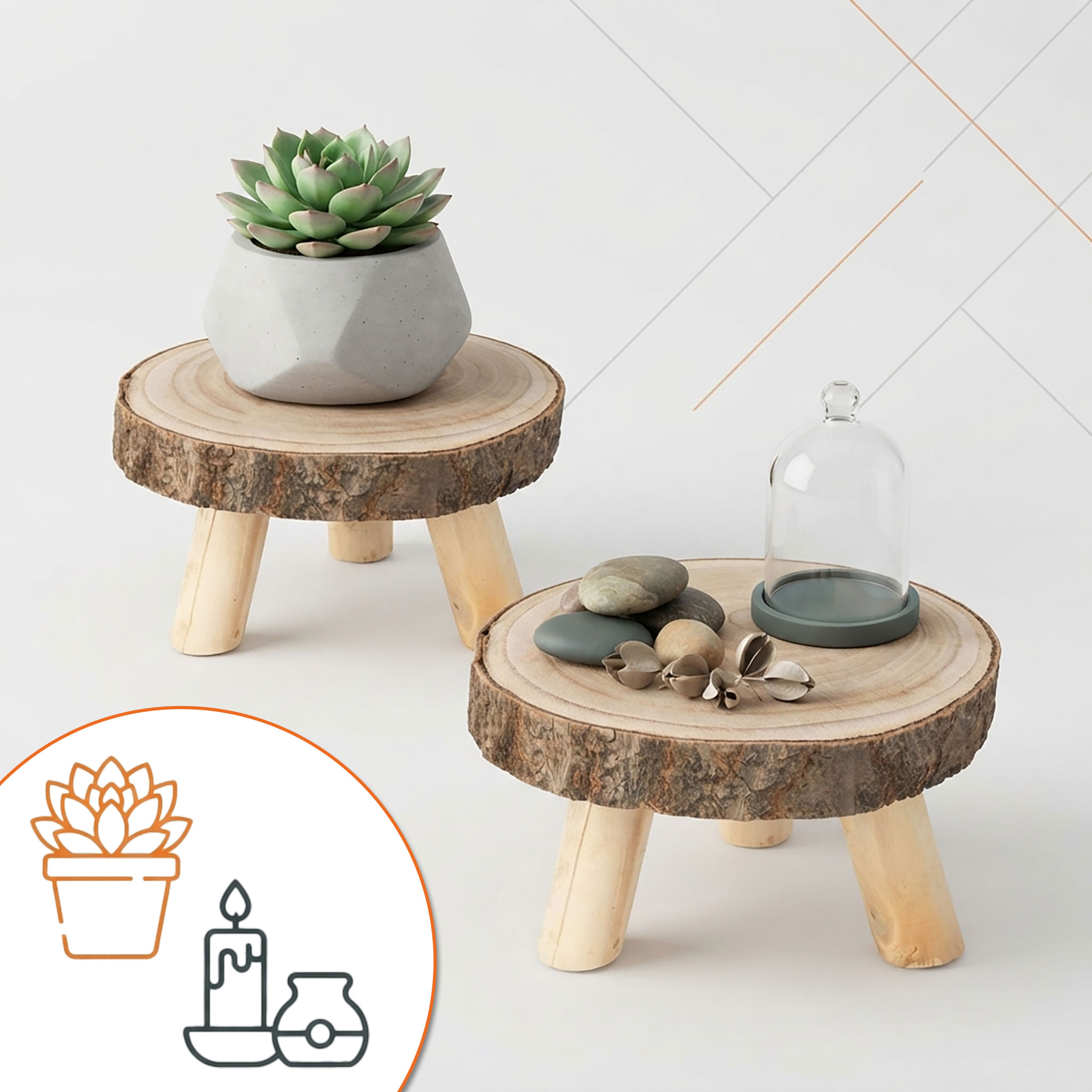 Blumenhocker aus Baumscheibe rund mit Rinde - 2er Set - Holz Pflanzenständer natur auf 3 Füßen