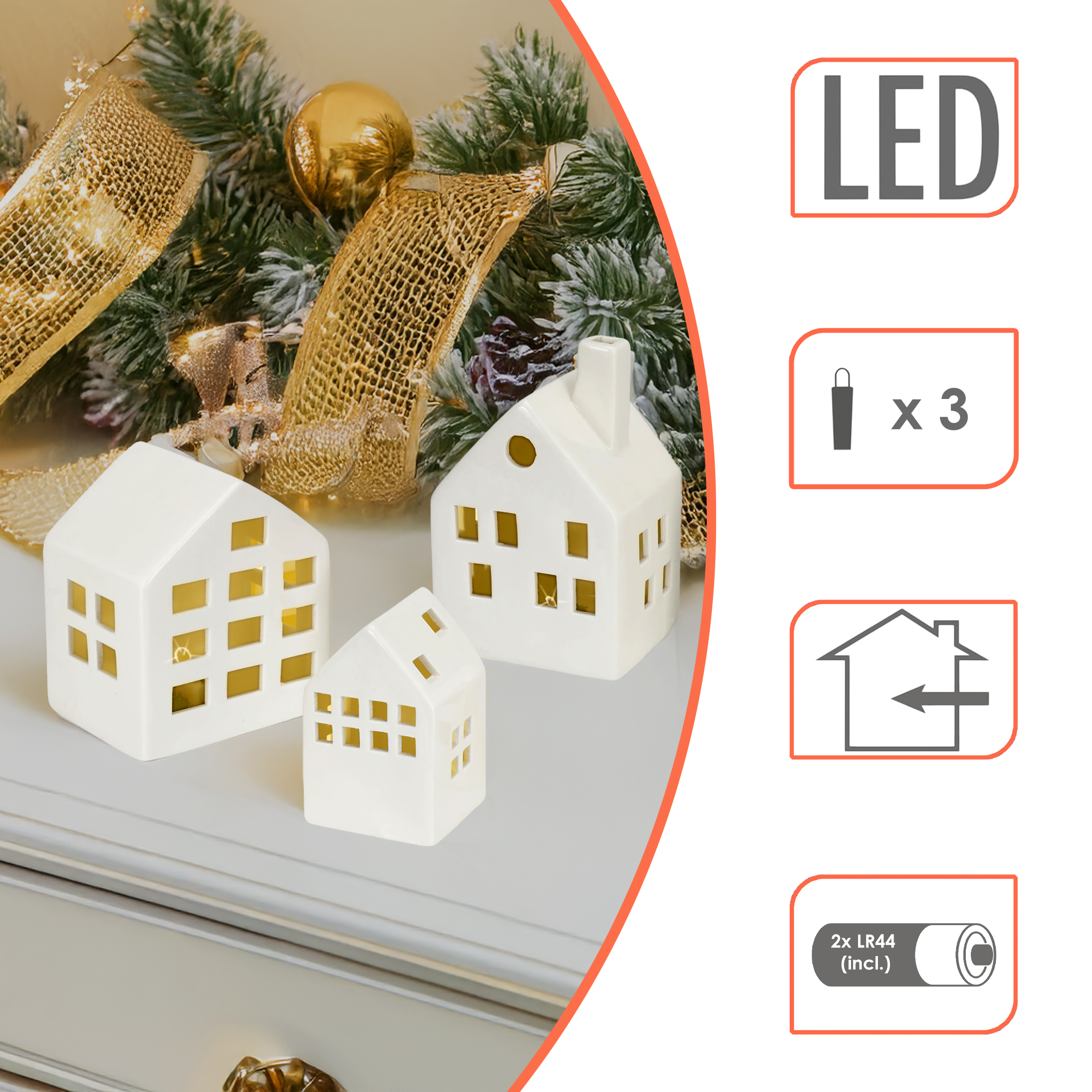 LED Keramik Haus weiß 3er Set - 14 / 12 /10 cm - Porzellan Weihnachtsdorf mit Beleuchtung