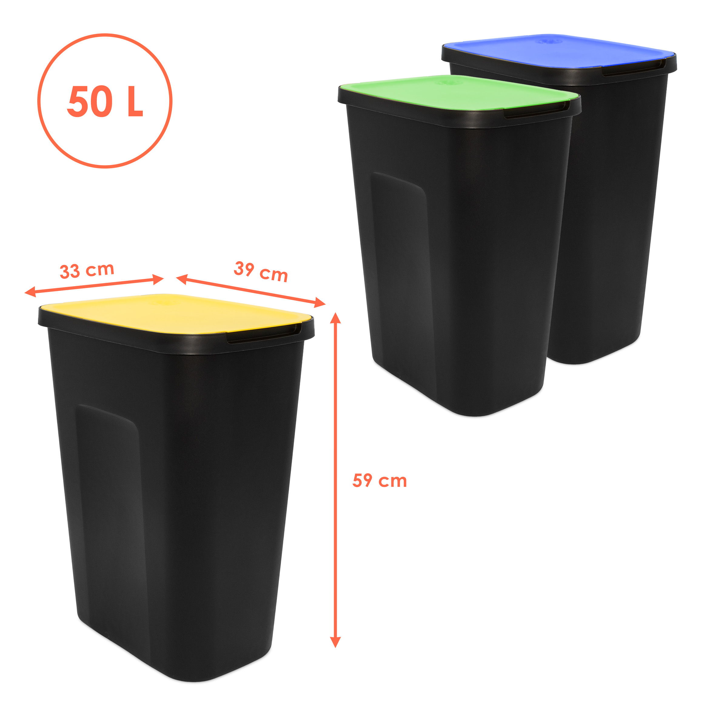 Abfalleimer schwarz mit farbigem Klappdeckel 3er Set - 50 Liter - Mülltrennsystem für Kunststoff Biomüll und Altpapier