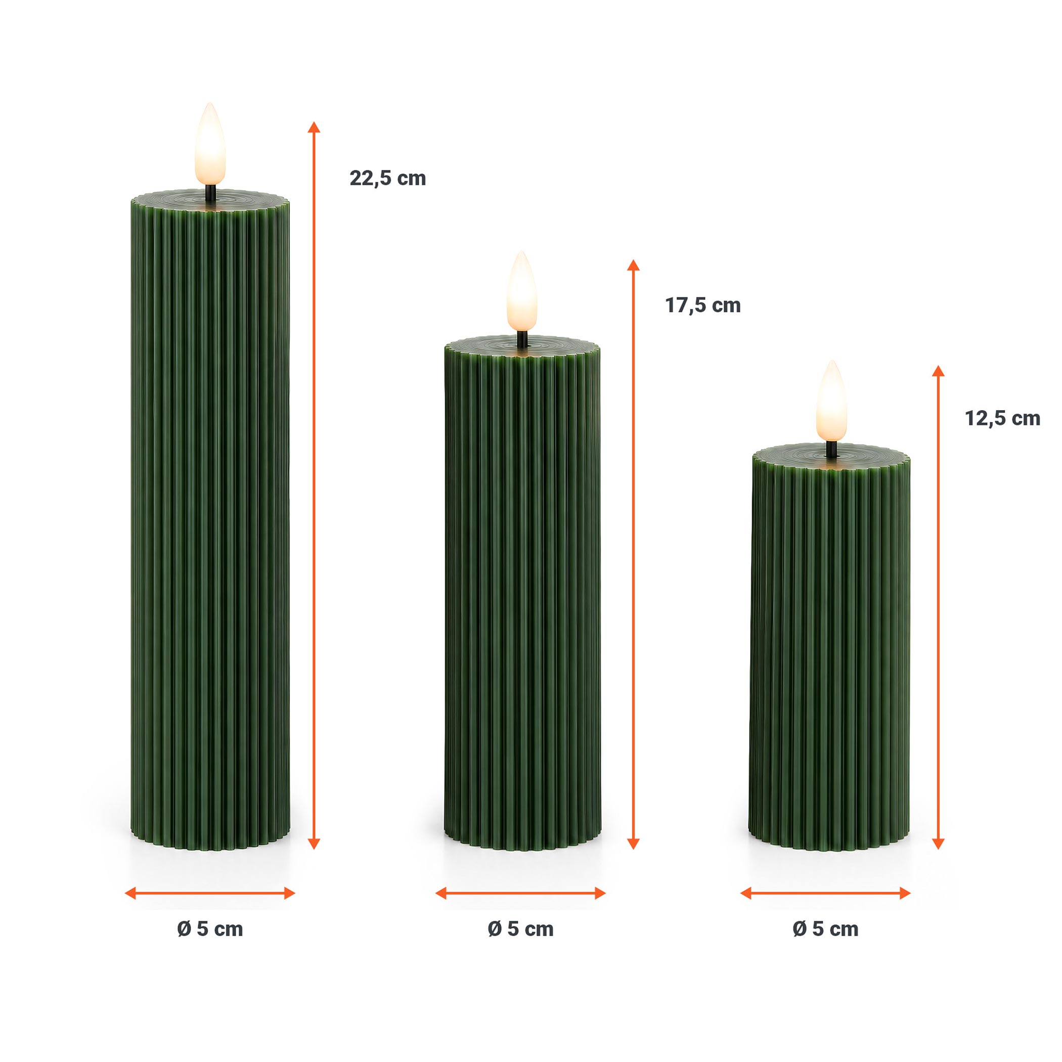 LED Stumpenkerzen mit Flammen Effekt 3er Set batteriebetrieben - 12 / 17 / 22 cm - Künstliche Tafelkerze dick warm weiß mit Flackereffekt