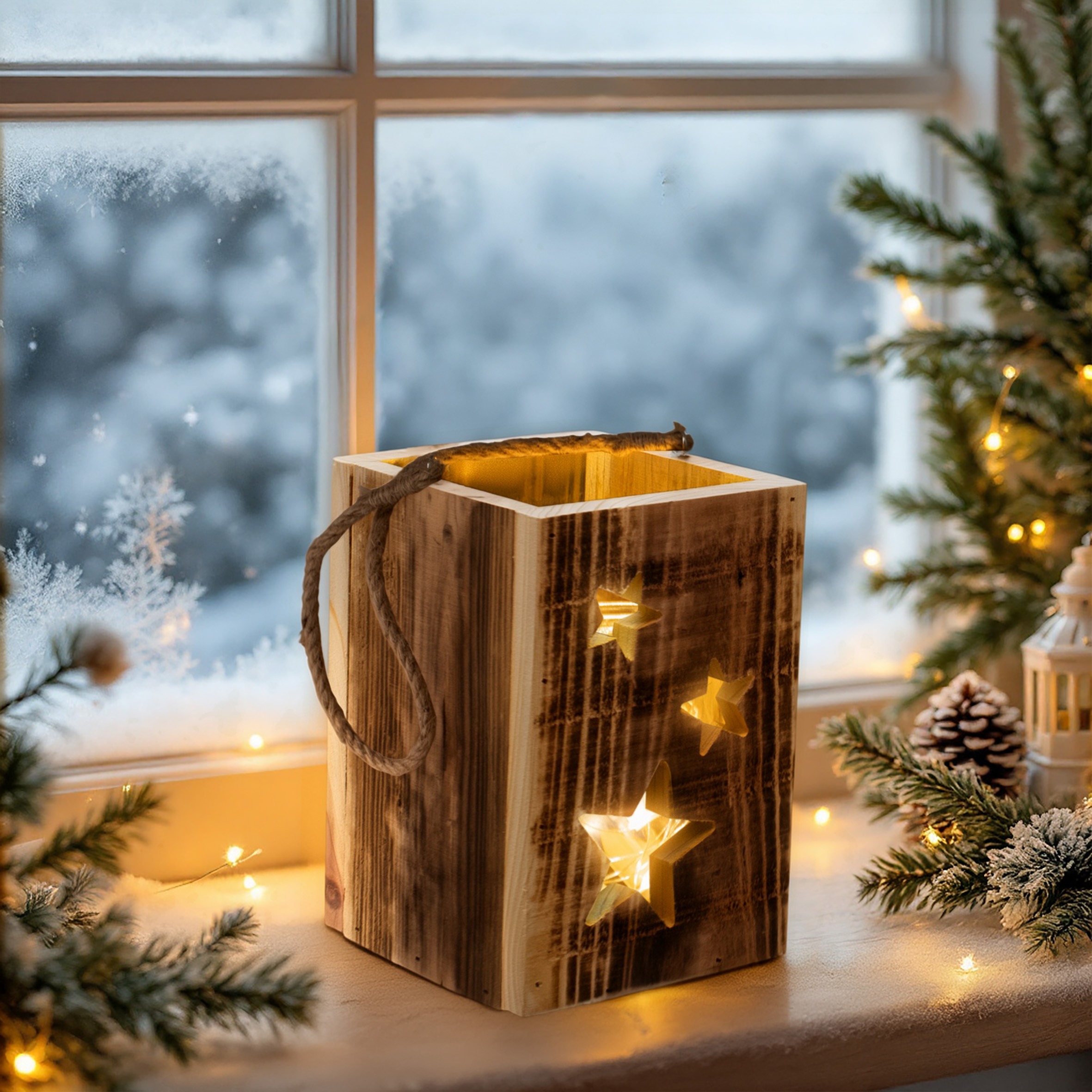 Holz Laterne mit Lichterkette im Glas 20 LED warm weiß - 16 x 11 cm - Hängelaterne mit Kerzenglas und Jutekordel