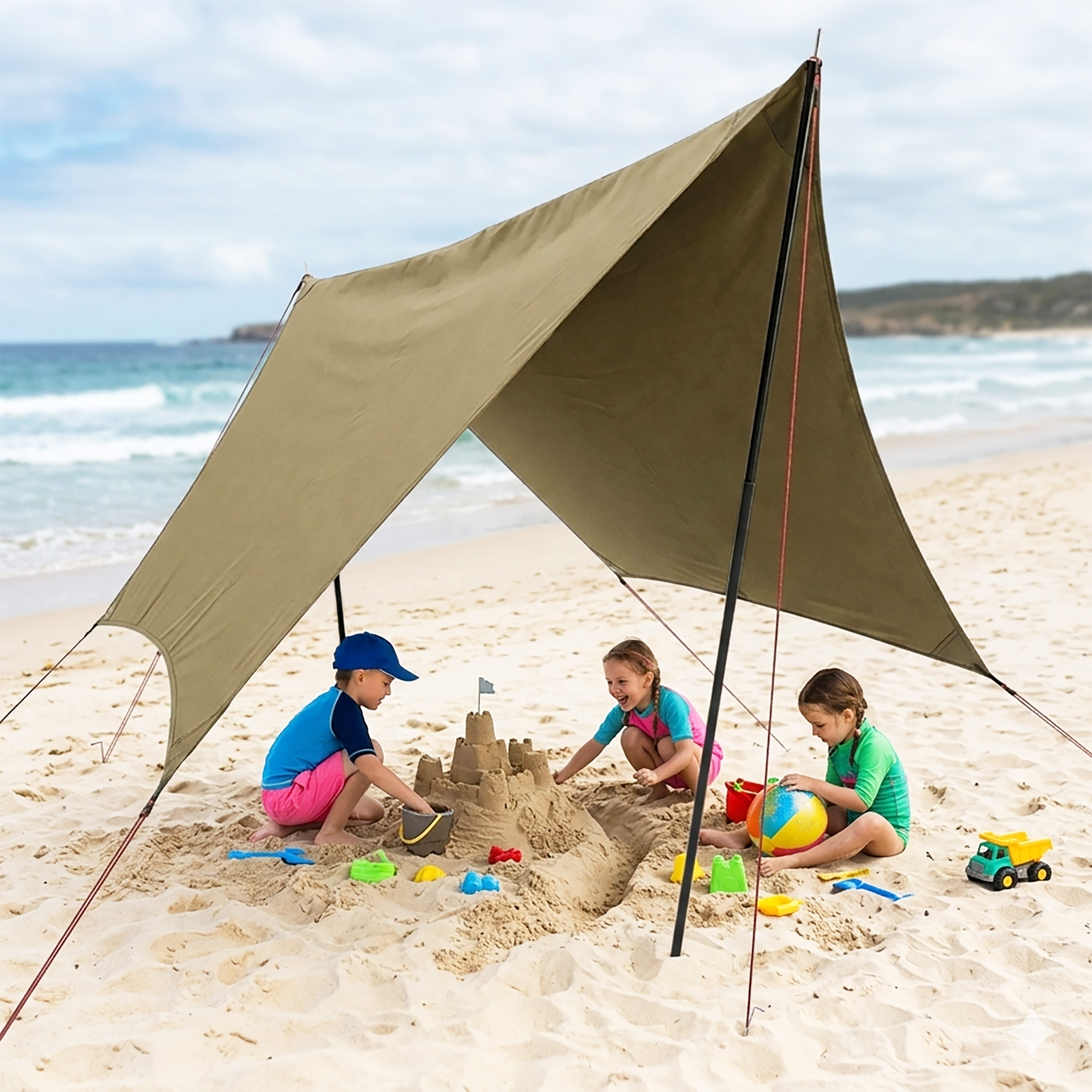 Camping Zeltplane braun zum aufspannen - 300 x 300 cm - Tarp ultraleicht inklusive Hering und Spannseile